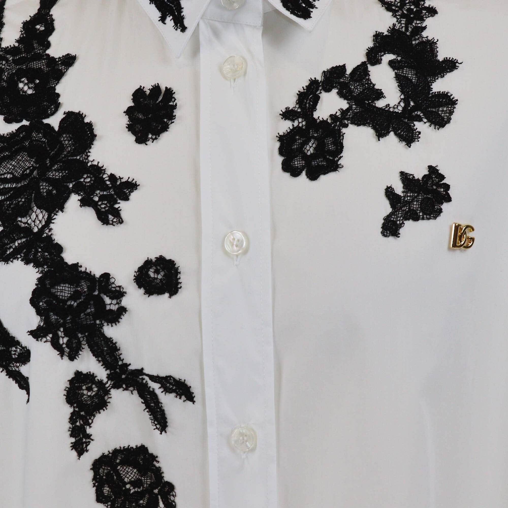 Dolce & Gabbana White/Black Oversize Cotton and Lace Appliqué Poplin Long Sleeve Shirt Womens Dolce & Gabbana 