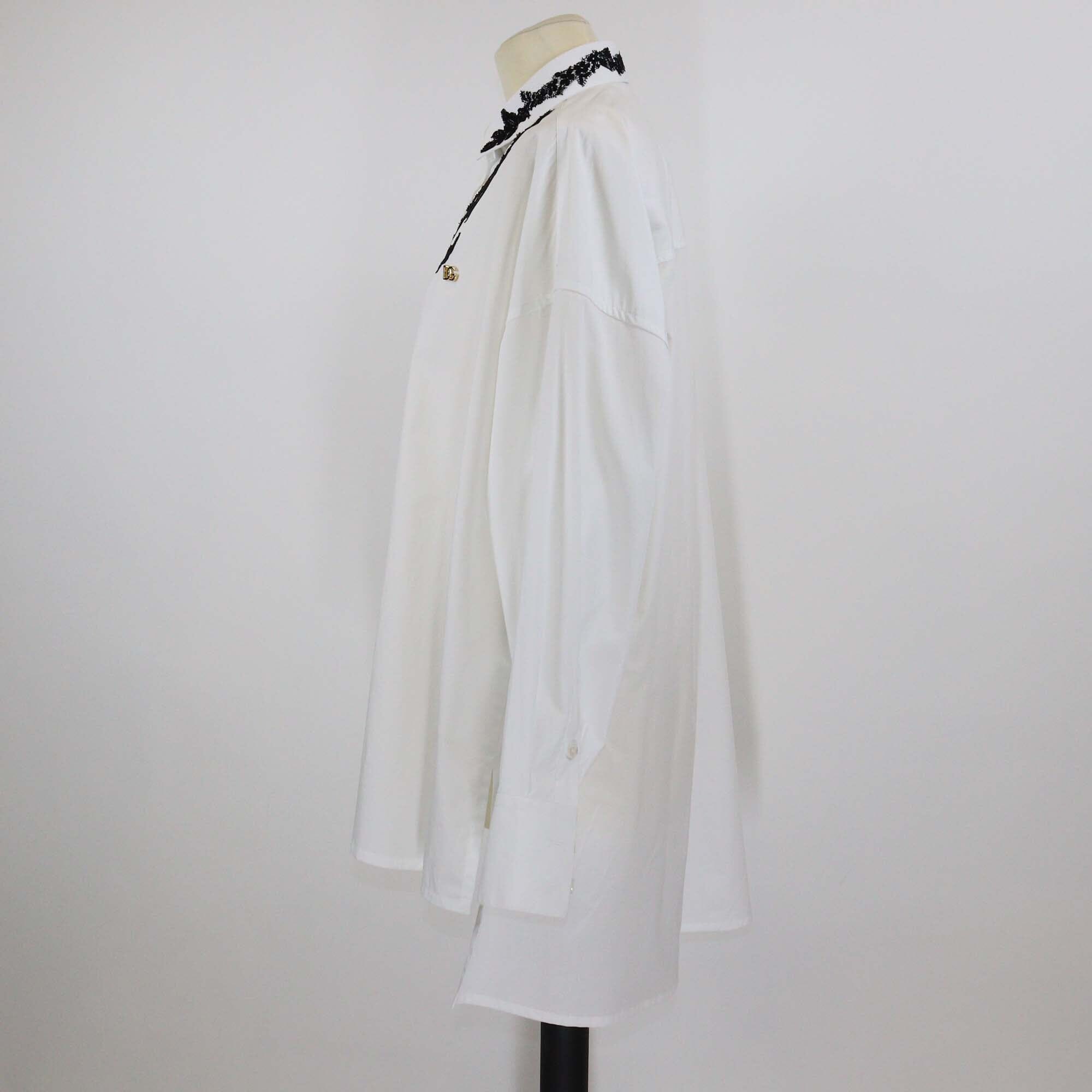 Dolce & Gabbana White/Black Oversize Cotton and Lace Appliqué Poplin Long Sleeve Shirt Womens Dolce & Gabbana 