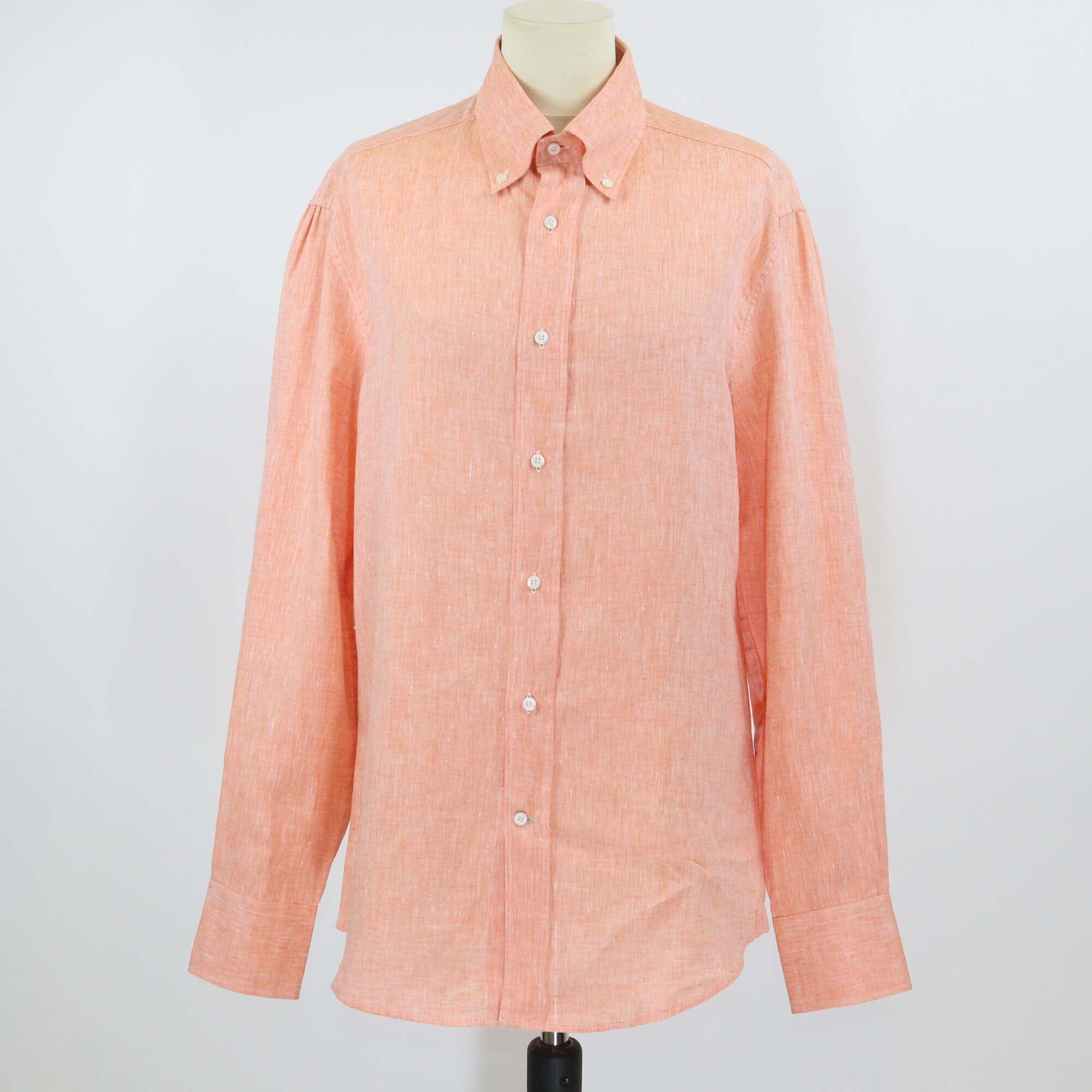 Brunello Cucinelli Peach Linen Slim Fit Button Front Long Sleeve Shirt Mens Brunello Cucinelli 