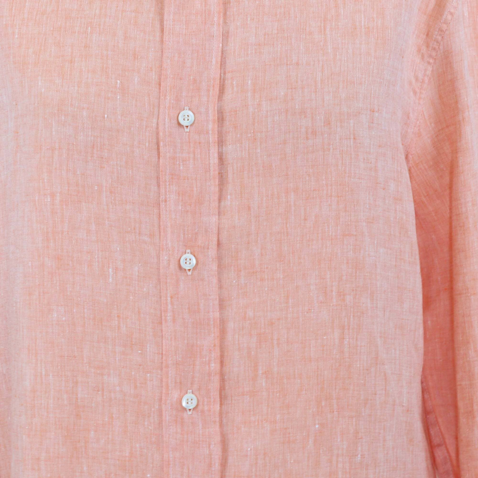 Brunello Cucinelli Peach Linen Slim Fit Button Front Long Sleeve Shirt Mens Brunello Cucinelli 