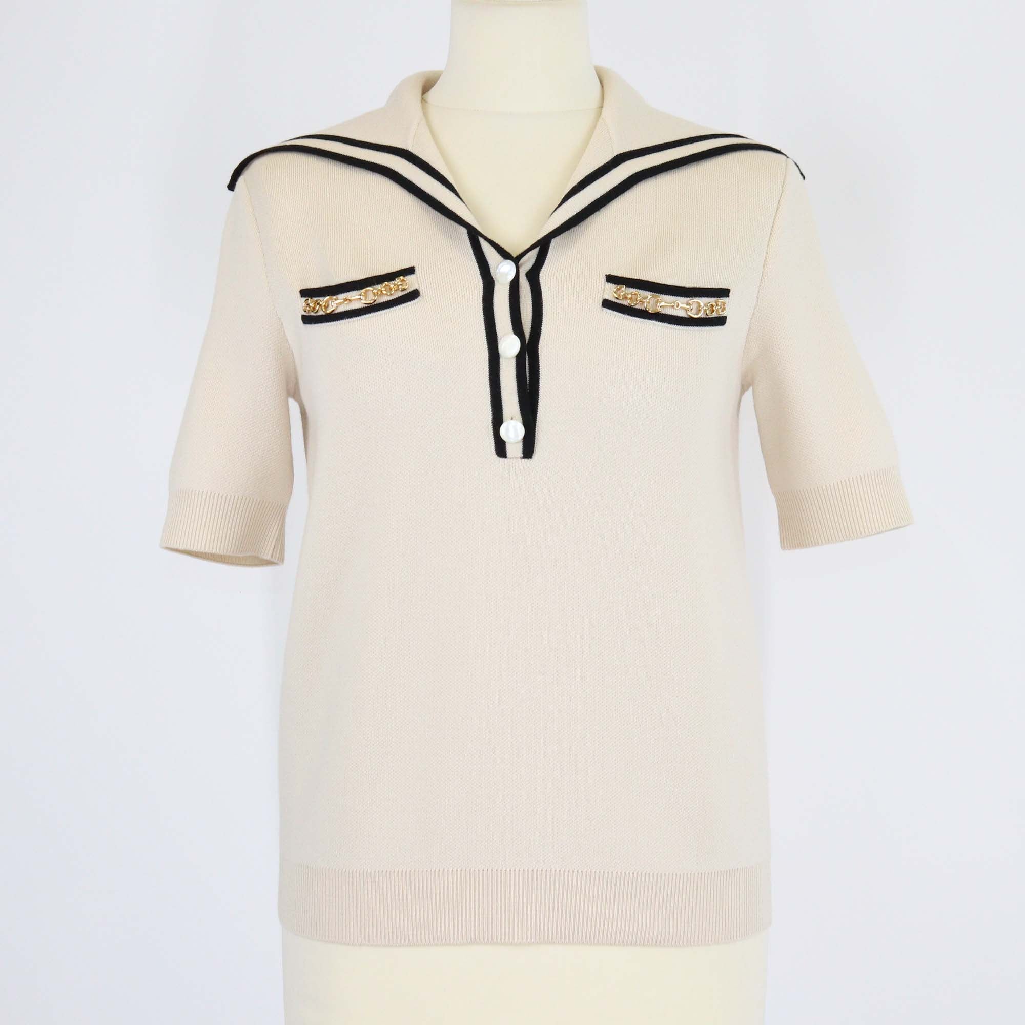 Gucci Beige/Black Wool Horsebit Chain Short Sleeve Polo Top