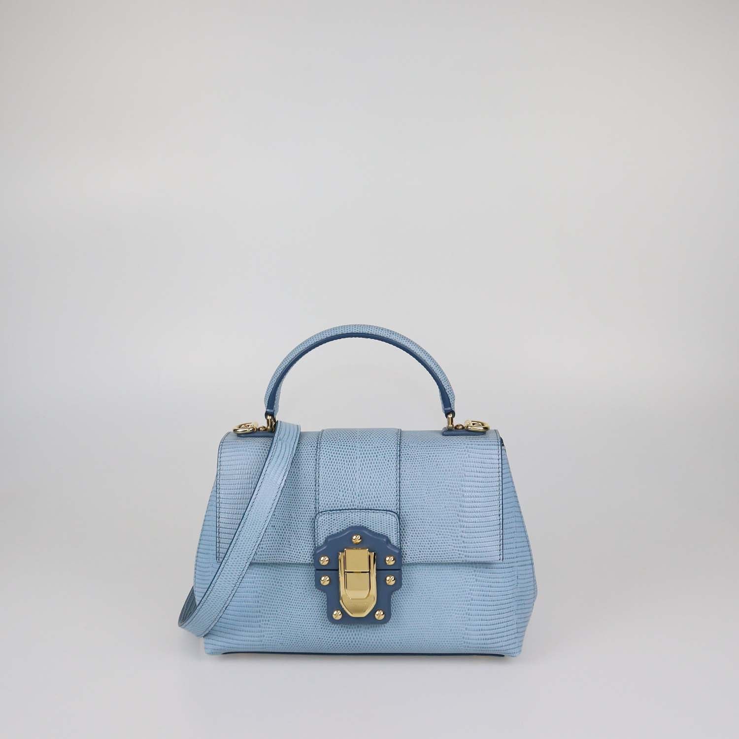 Dolce & Gabbana Light Blue Lizard Embossed Leather Small Lucia Top Handle Bag