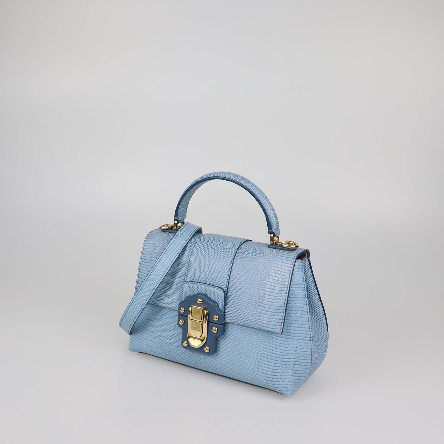 Dolce & Gabbana Light Blue Lizard Embossed Leather Small Lucia Top Handle Bag