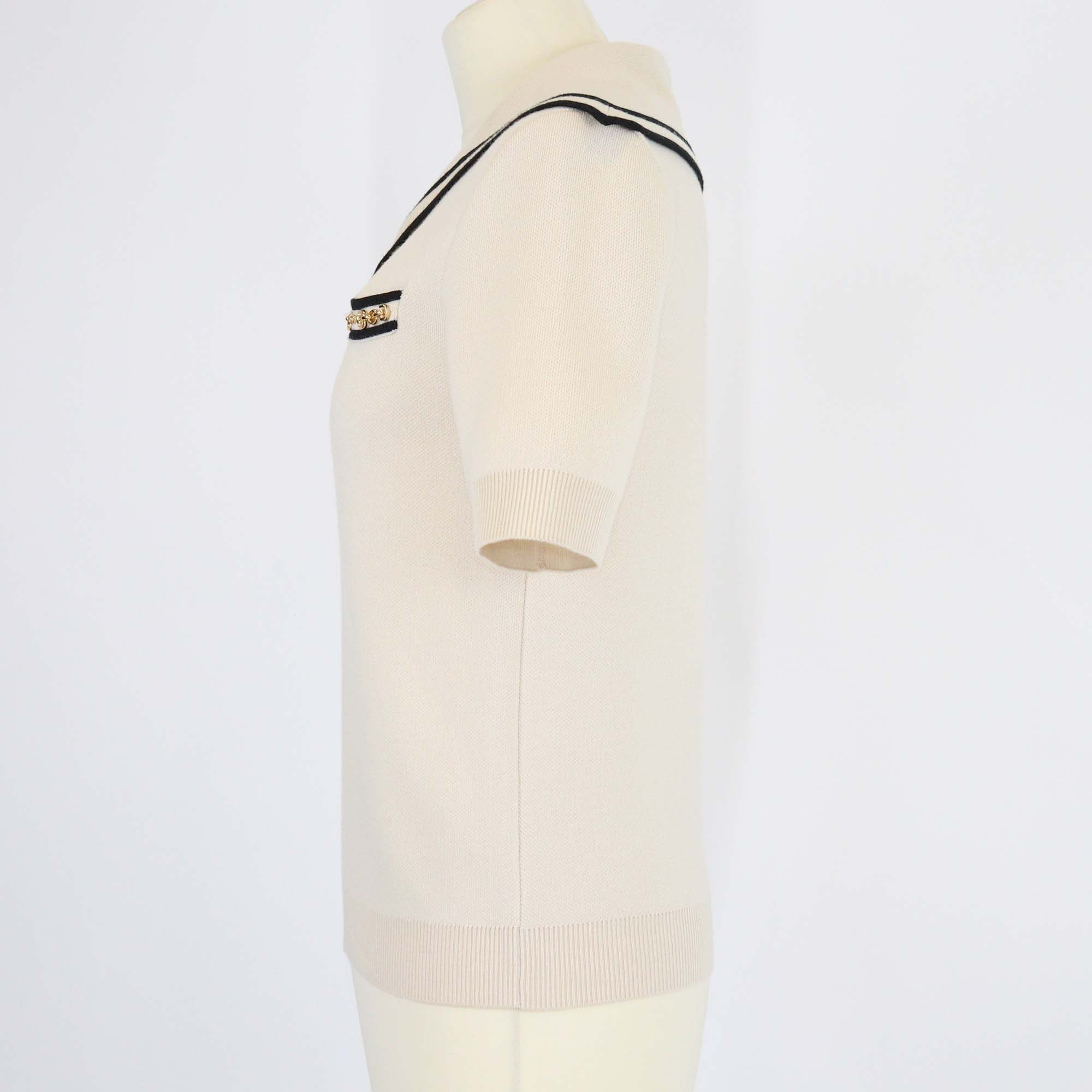 Gucci Beige/Black Wool Horsebit Chain Short Sleeve Polo Top