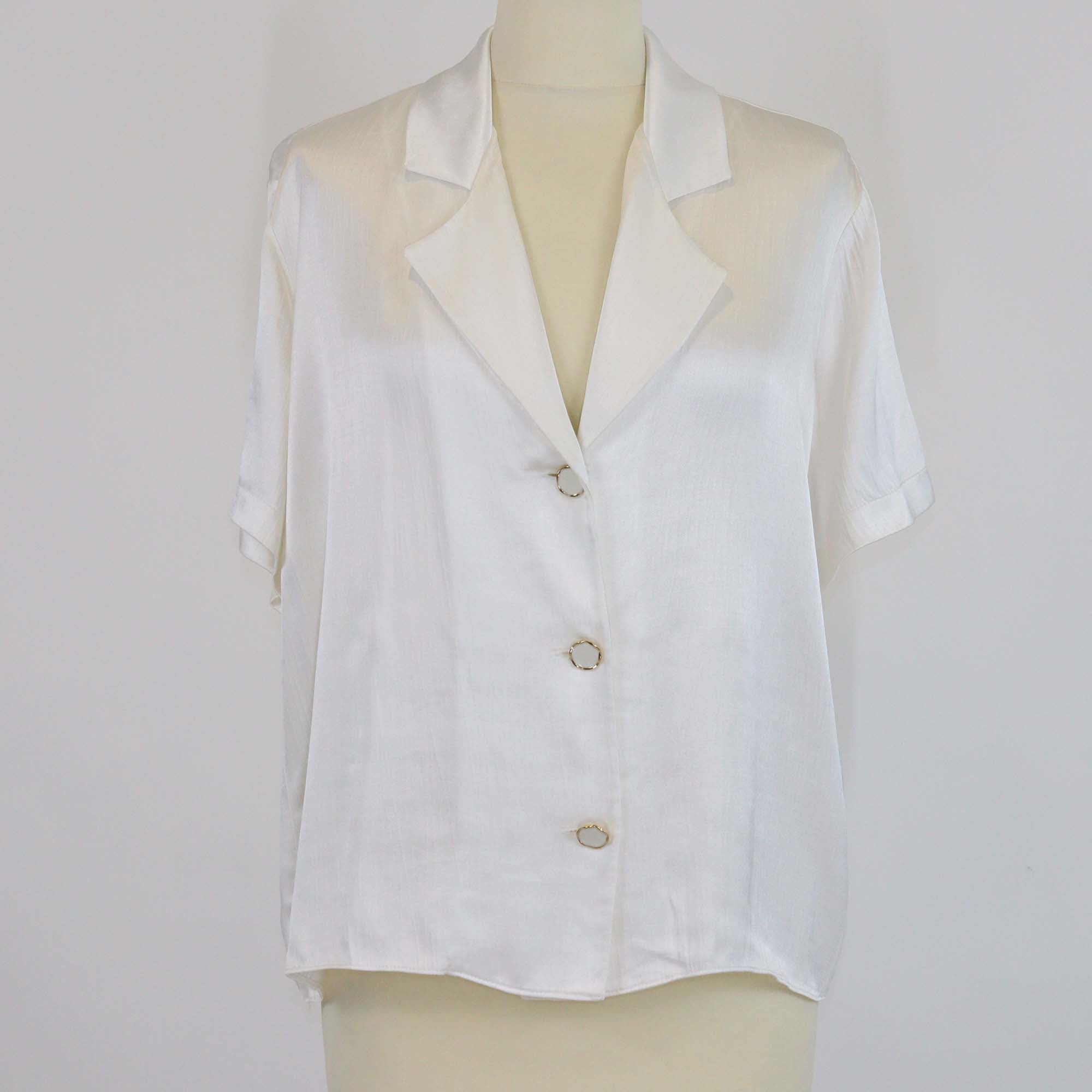 Gizia Off White Silk Satin Short-Sleeve Ecru Blouse