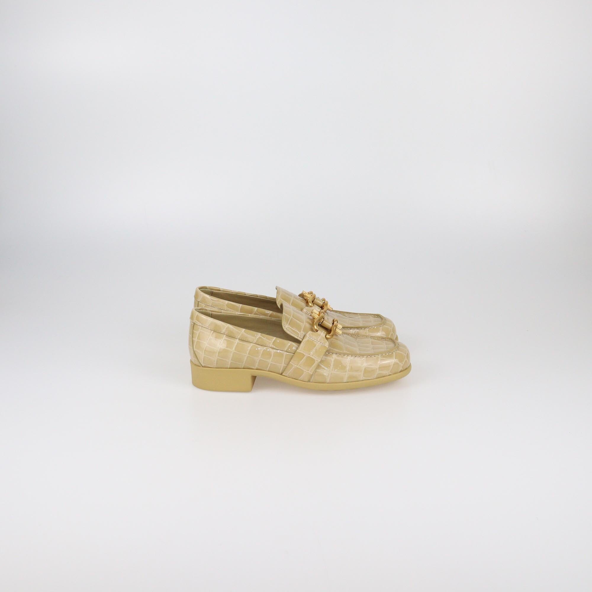 Bottega Veneta Beige Croc Embossed Patent Monsieur Moccasins Womens Bottega Veneta 