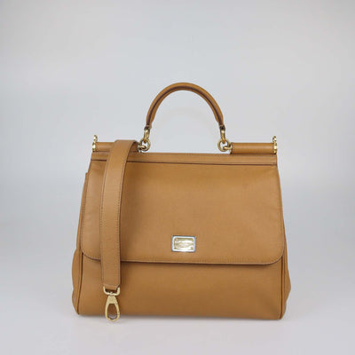 Dolce & Gabbana Brown Leather Large Miss Sicily Top Handle Bag