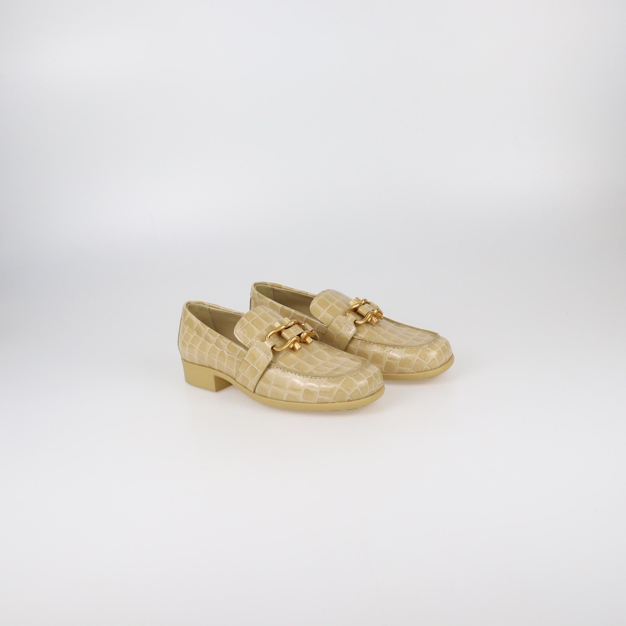 Bottega Veneta Beige Croc Embossed Patent Monsieur Moccasins Womens Bottega Veneta 