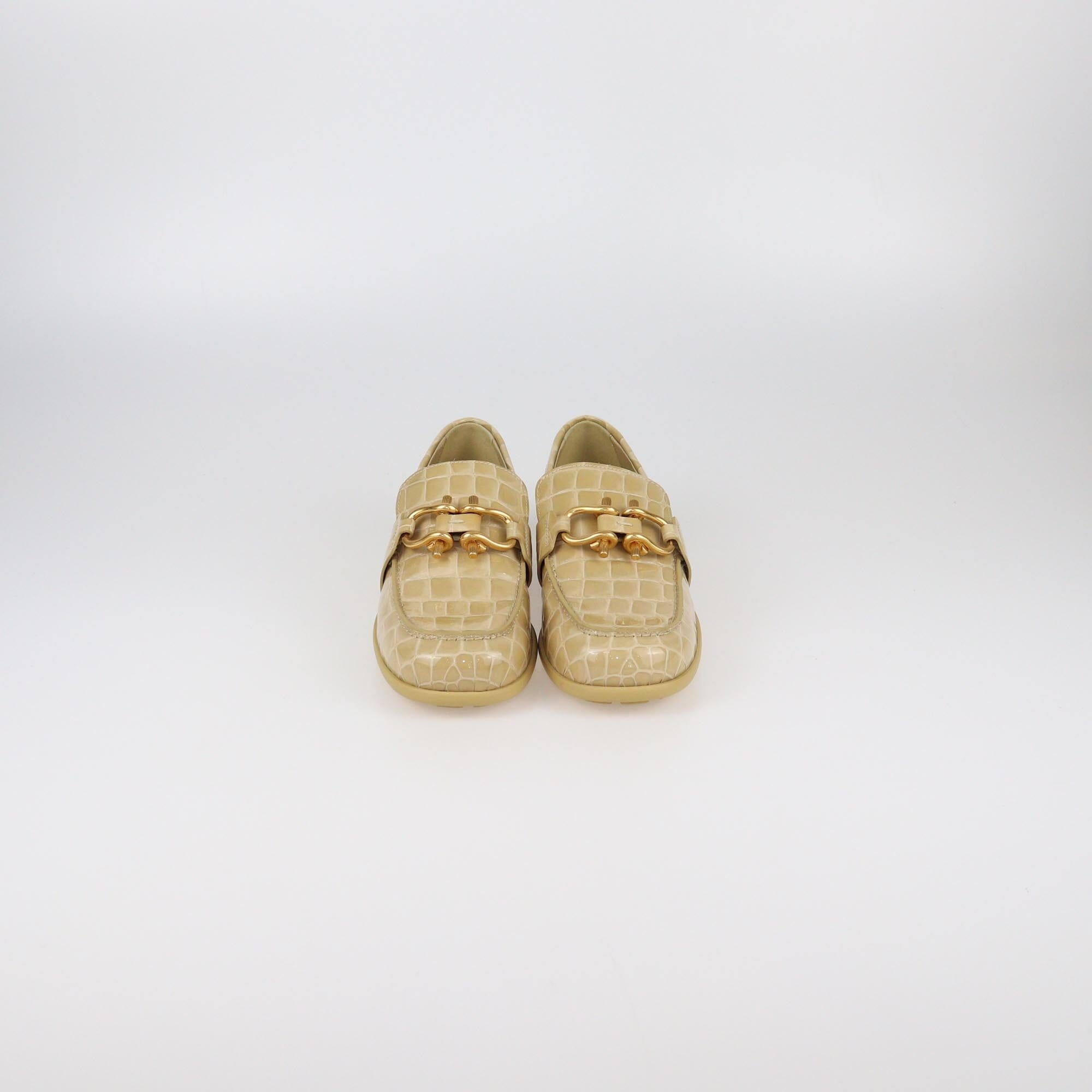 Bottega Veneta Beige Croc Embossed Patent Monsieur Moccasins Womens Bottega Veneta 