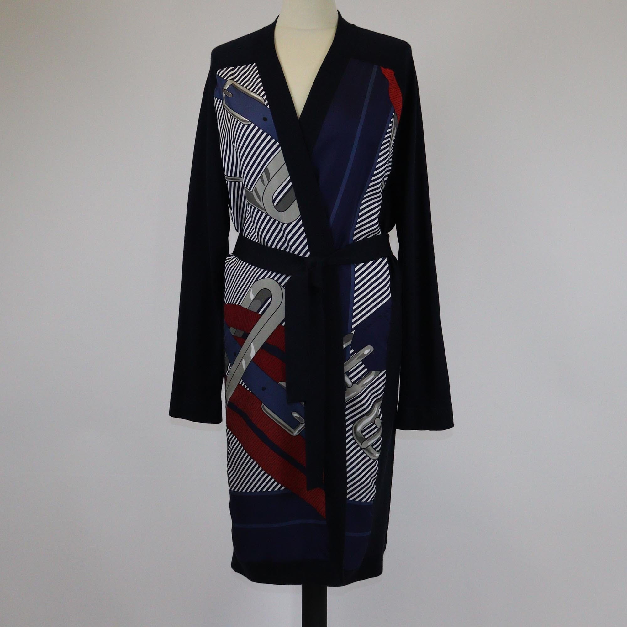 Hermes Navy Blue/Multicolor Print Belted Long Cardigan Womens Hermes 