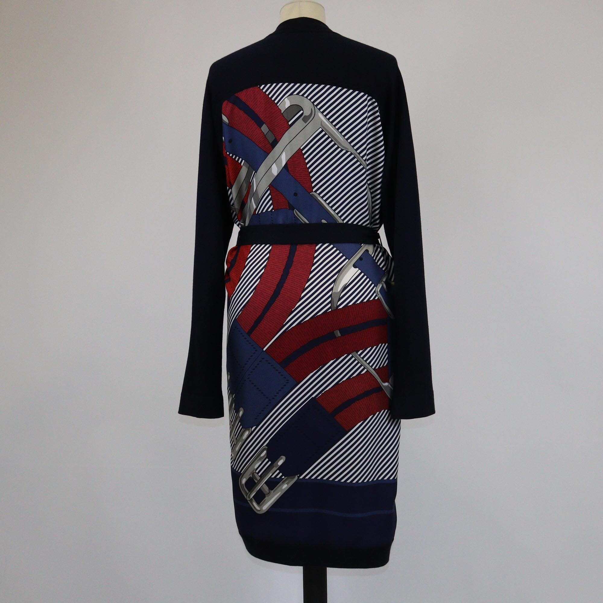 Hermes Navy Blue/Multicolor Print Belted Long Cardigan Womens Hermes 