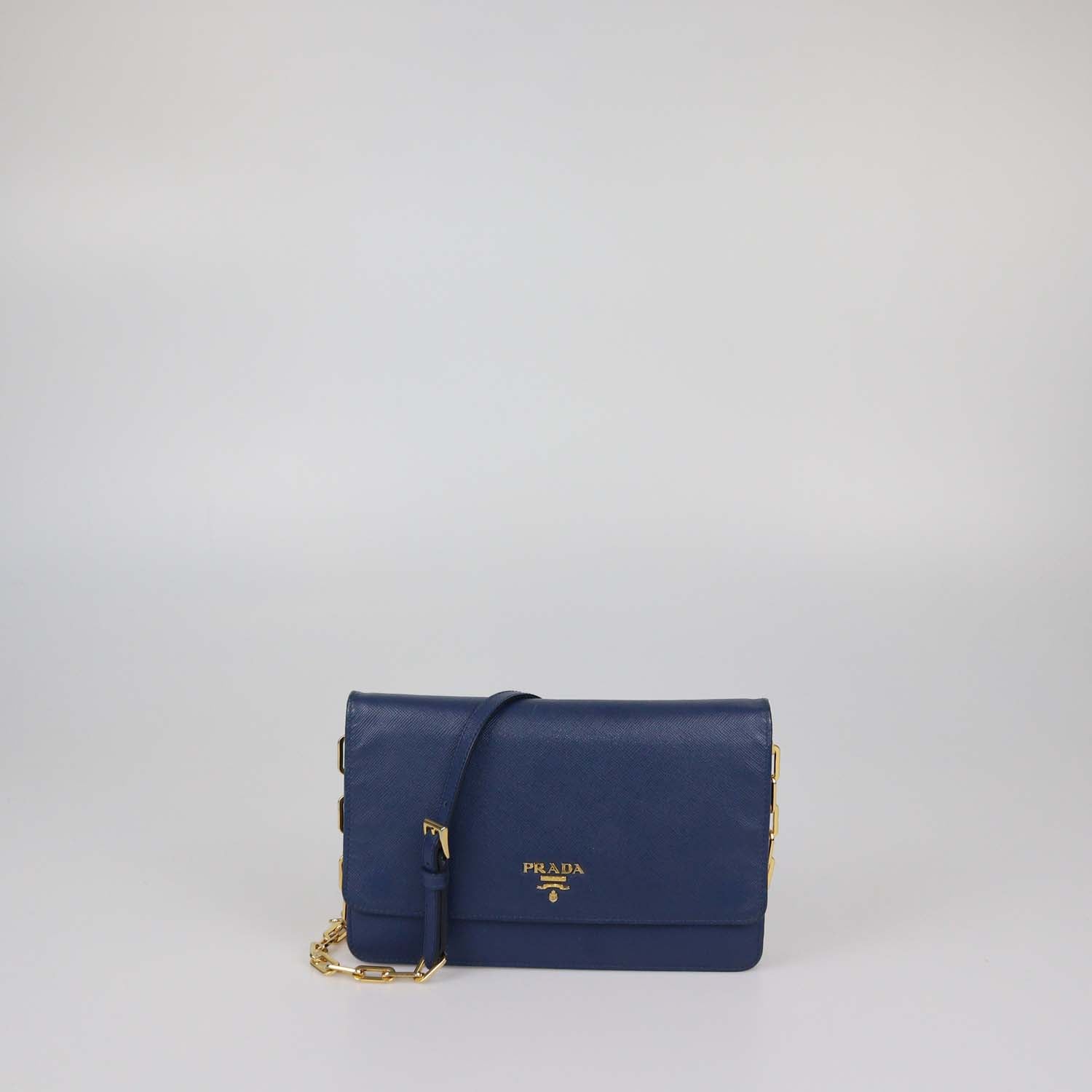 Prada Navy Blue Saffiano Leather Flap Wallet on Chain