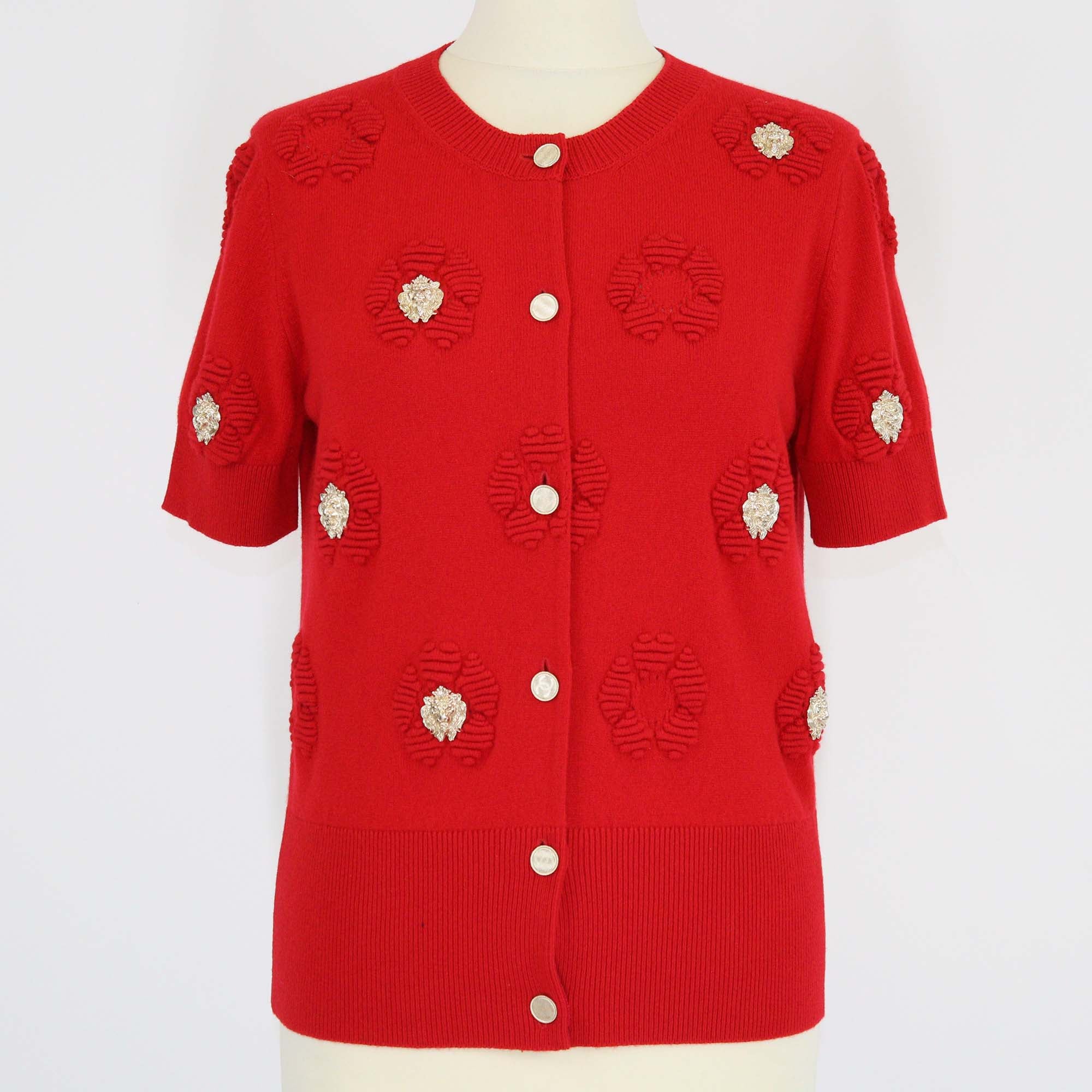 Chanel Red Cashmere Lion Charm Embellished Short Sleeve Cardigan