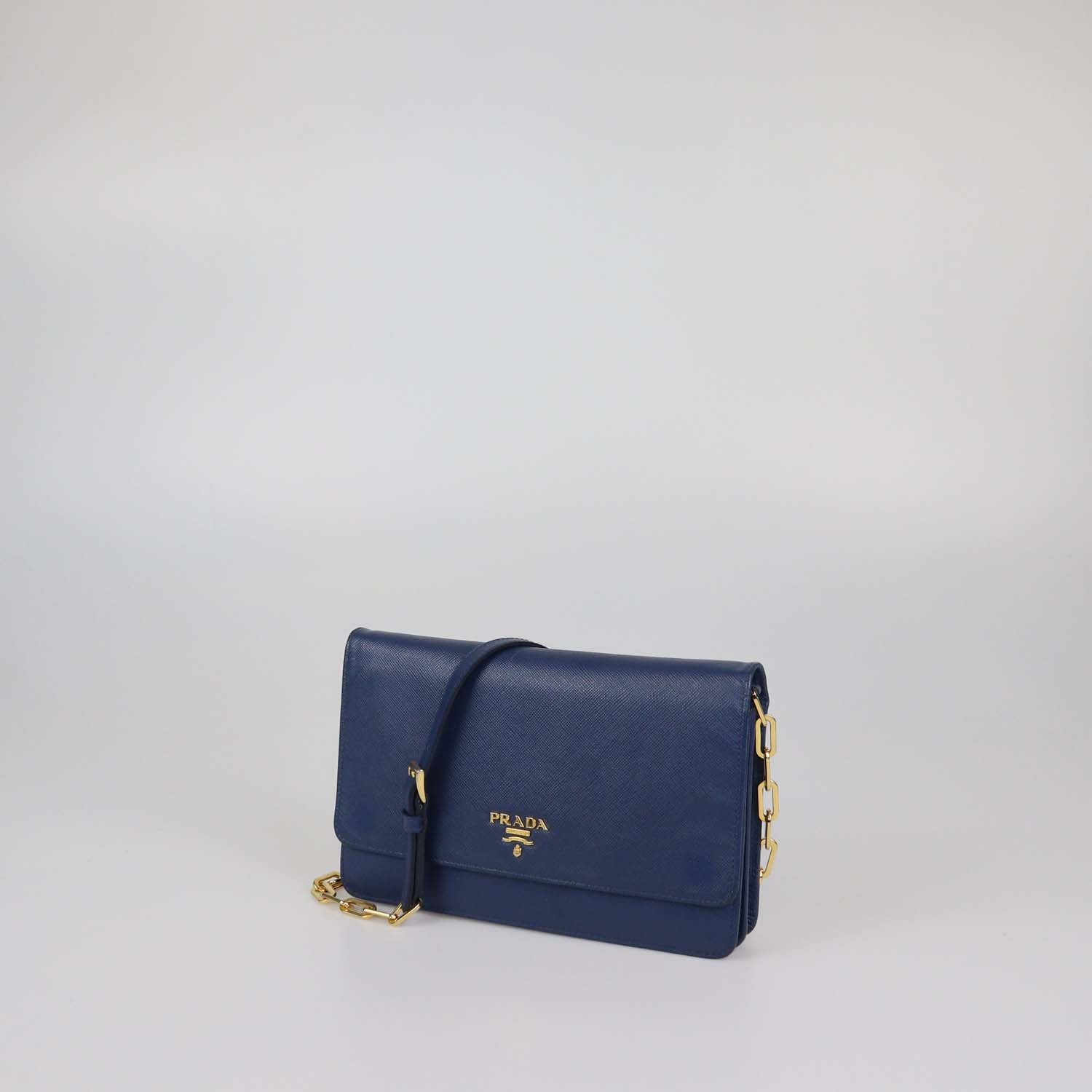 Prada Navy Blue Saffiano Leather Flap Wallet on Chain