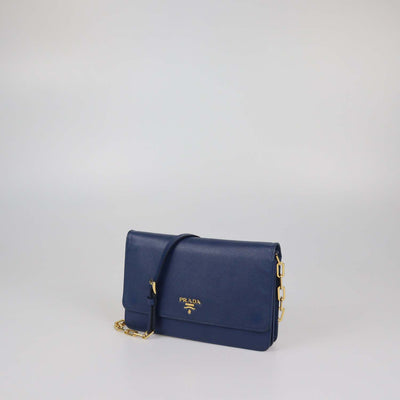 Prada Navy Blue Saffiano Leather Flap Wallet on Chain