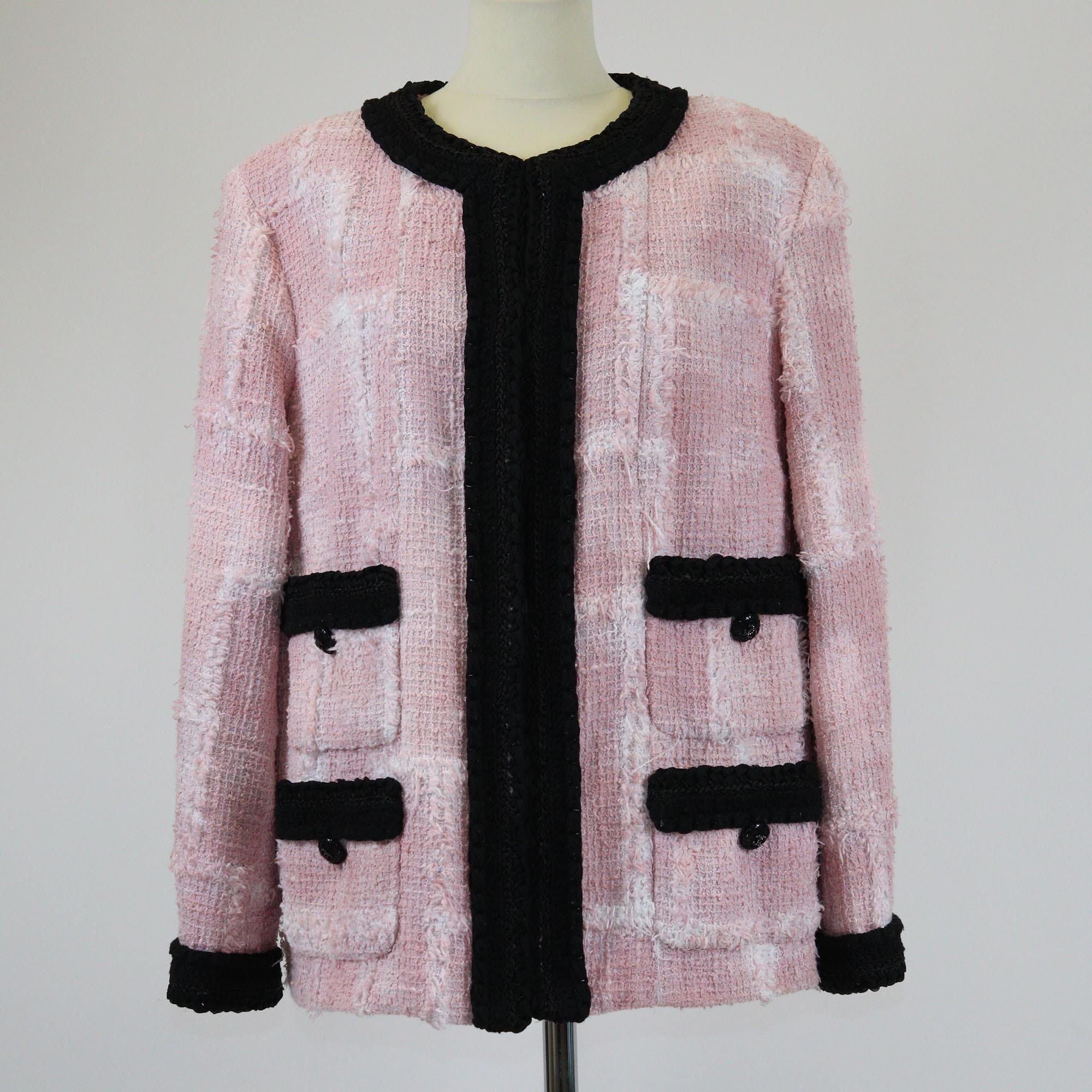 Chanel Pink/Black CC Button Pocket Tweed Cardigan Womens Chanel 