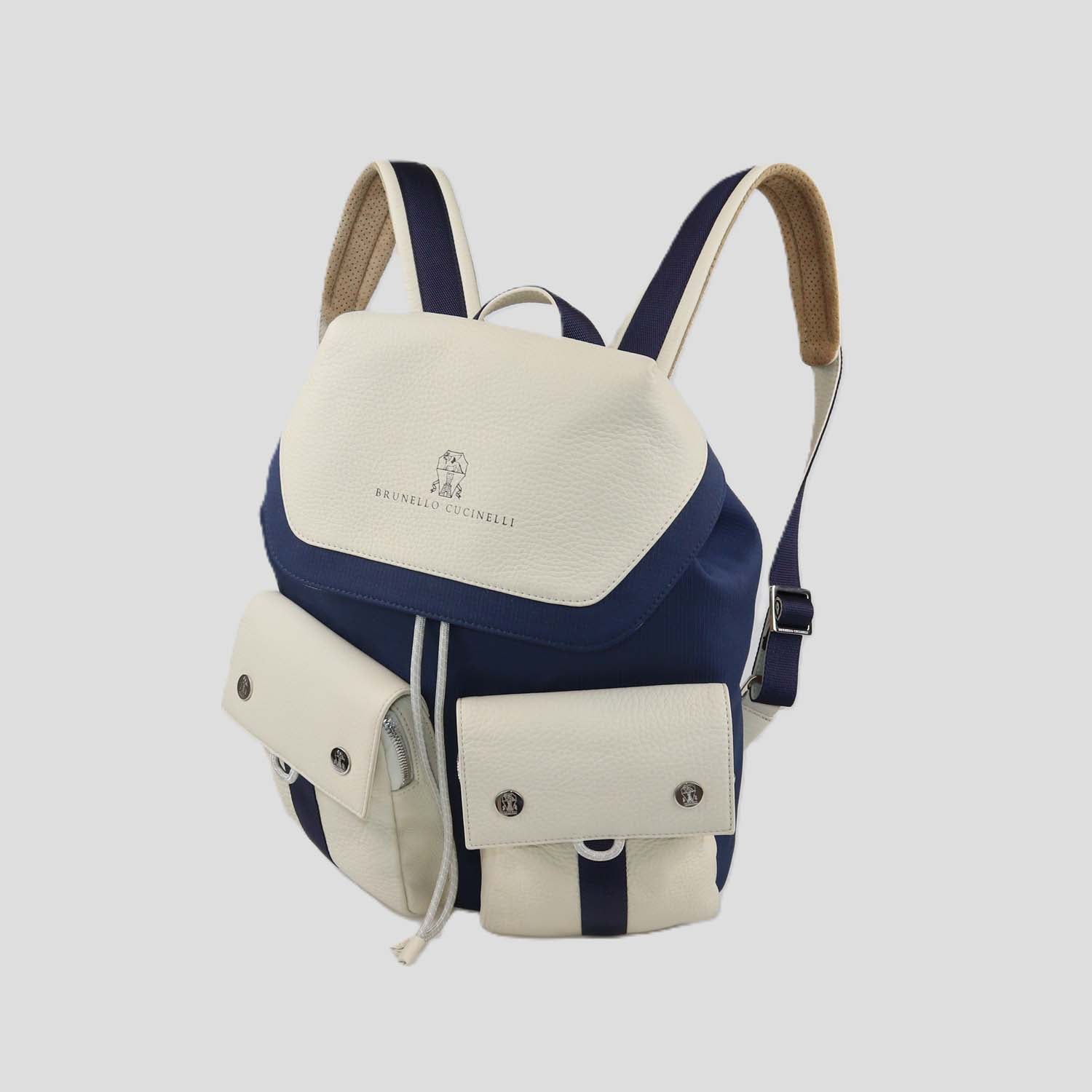 Brunello Cucinelli Kids Ivory/Blue Leather and Nylon Drawstring Backpack