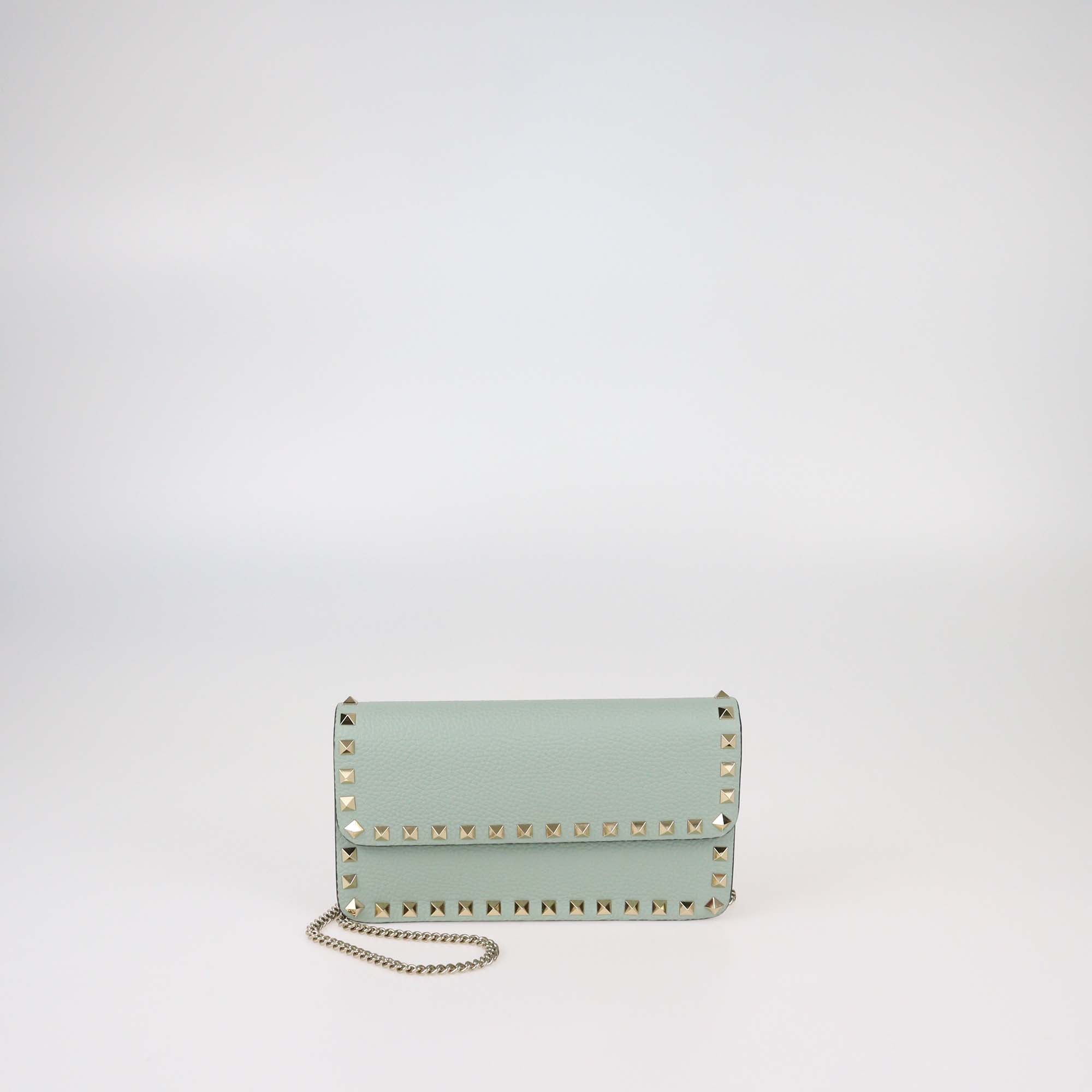 Valentino Pale Green Leather Rockstud Flap Chain Clutch