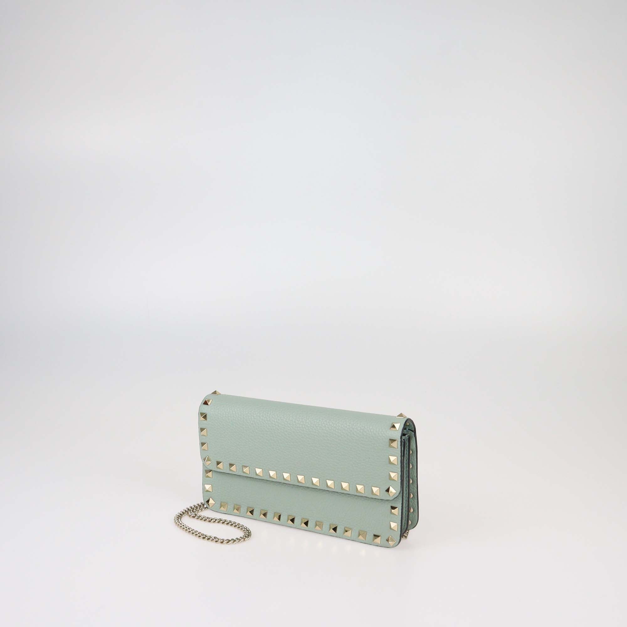 Valentino Pale Green Leather Rockstud Flap Chain Clutch