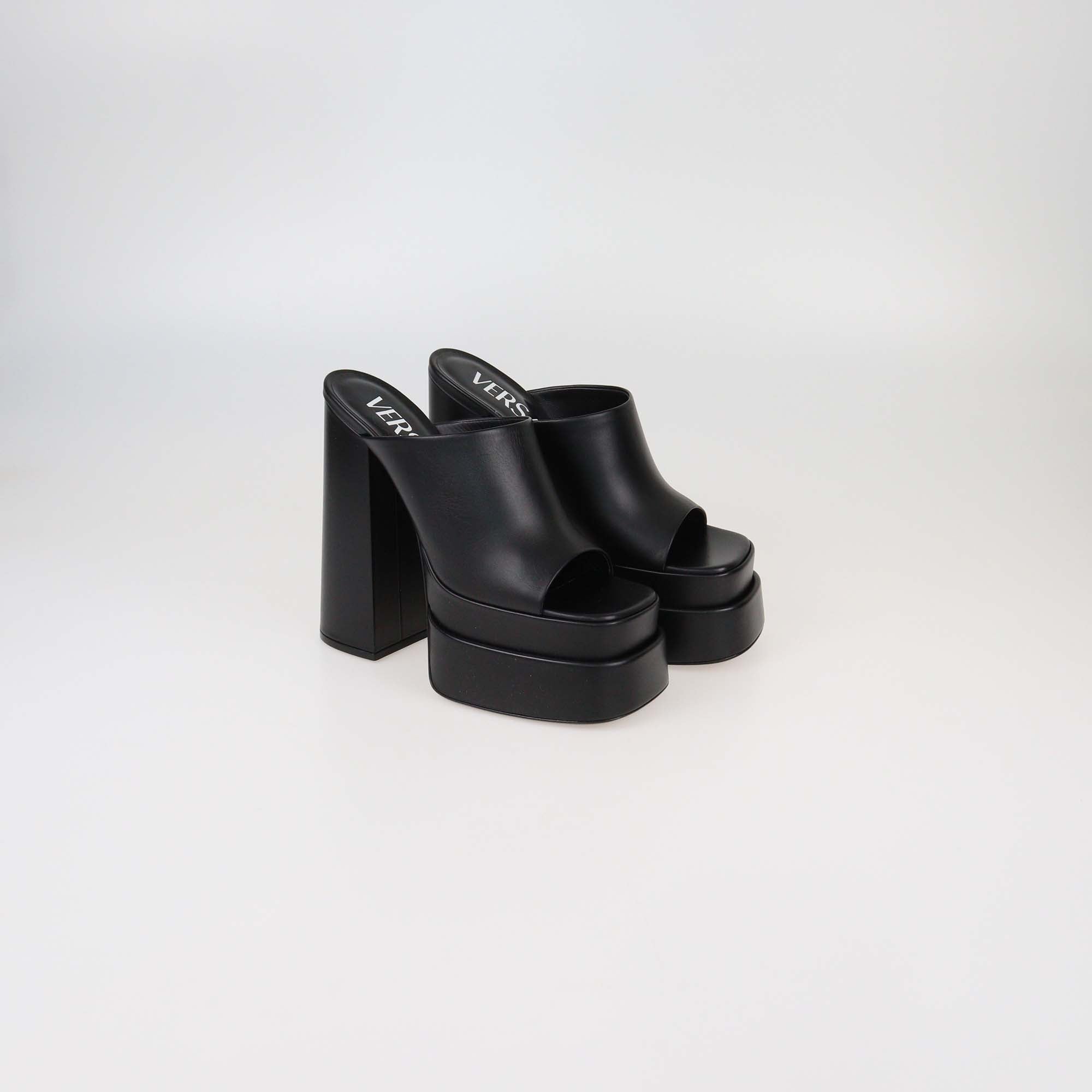 Versace Black Leather Double Platform Mules