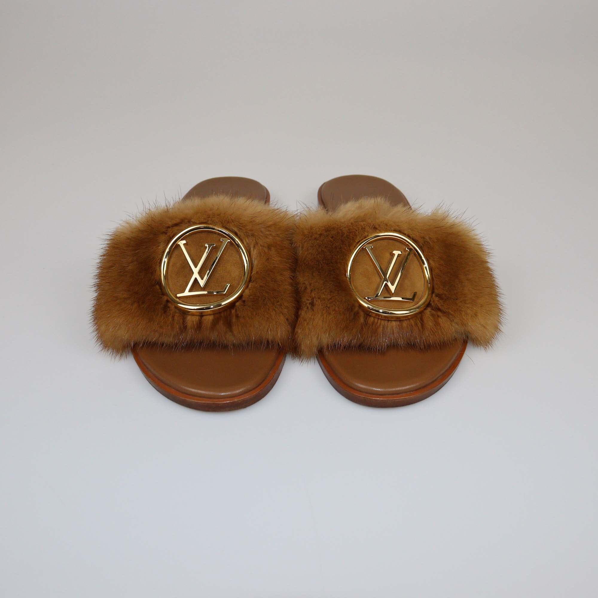 Louis Vuitton Brown Mink Fur Lock It Flat Slides Womens Louis Vuitton 