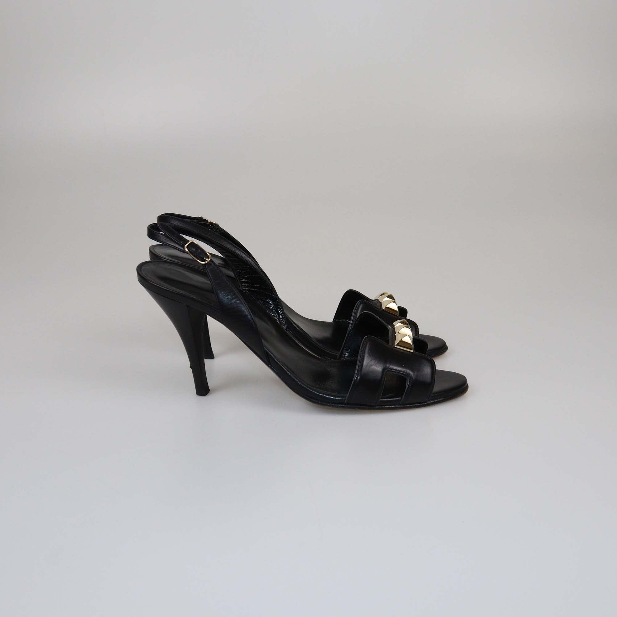 Hermes Black Leather Studded Night Slingback Sandals Womens Hermes 