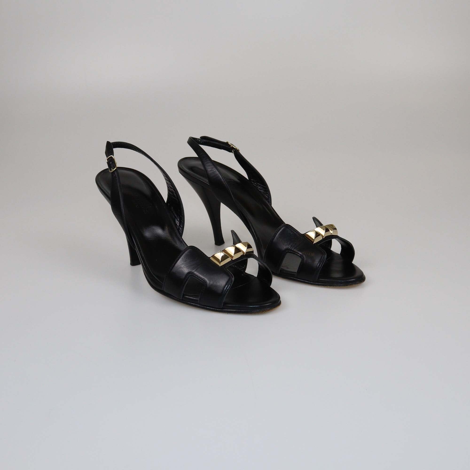 Hermes Black Leather Studded Night Slingback Sandals Womens Hermes 