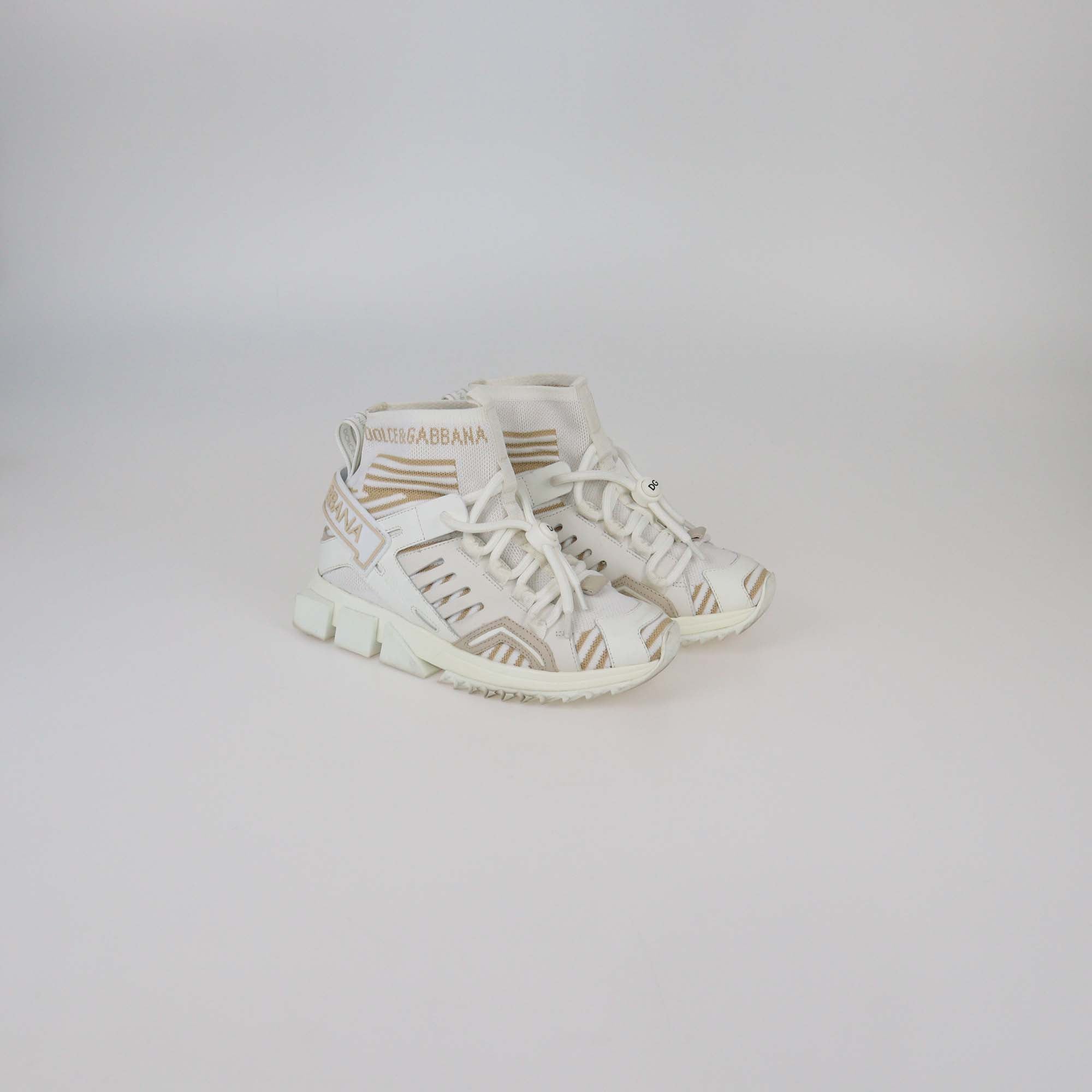 Dolce & Gabbana White/Beige Fabric Sorrento Logo Sneakers
