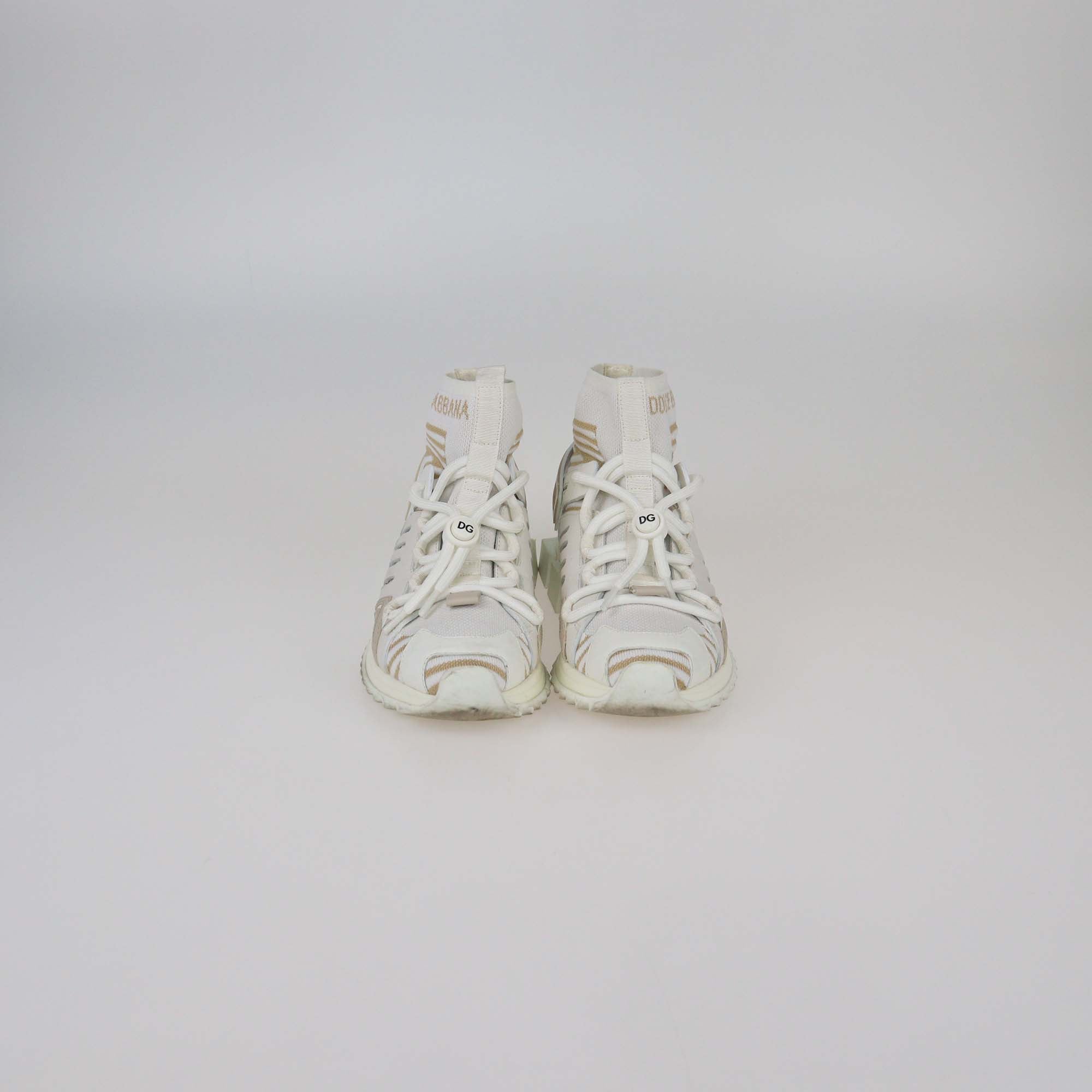 Dolce & Gabbana White/Beige Fabric Sorrento Logo Sneakers