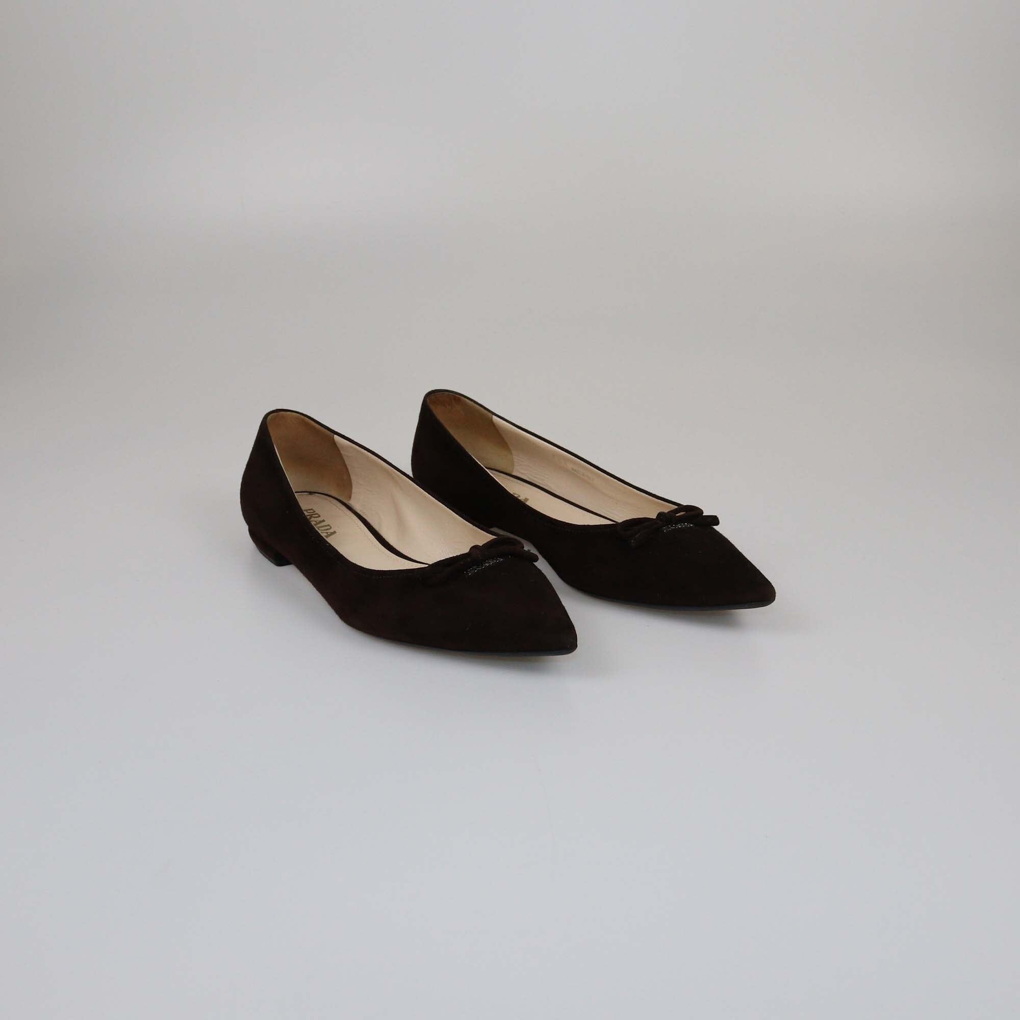 Prada Dark Brown Bow Ballet Flats Womens Prada 