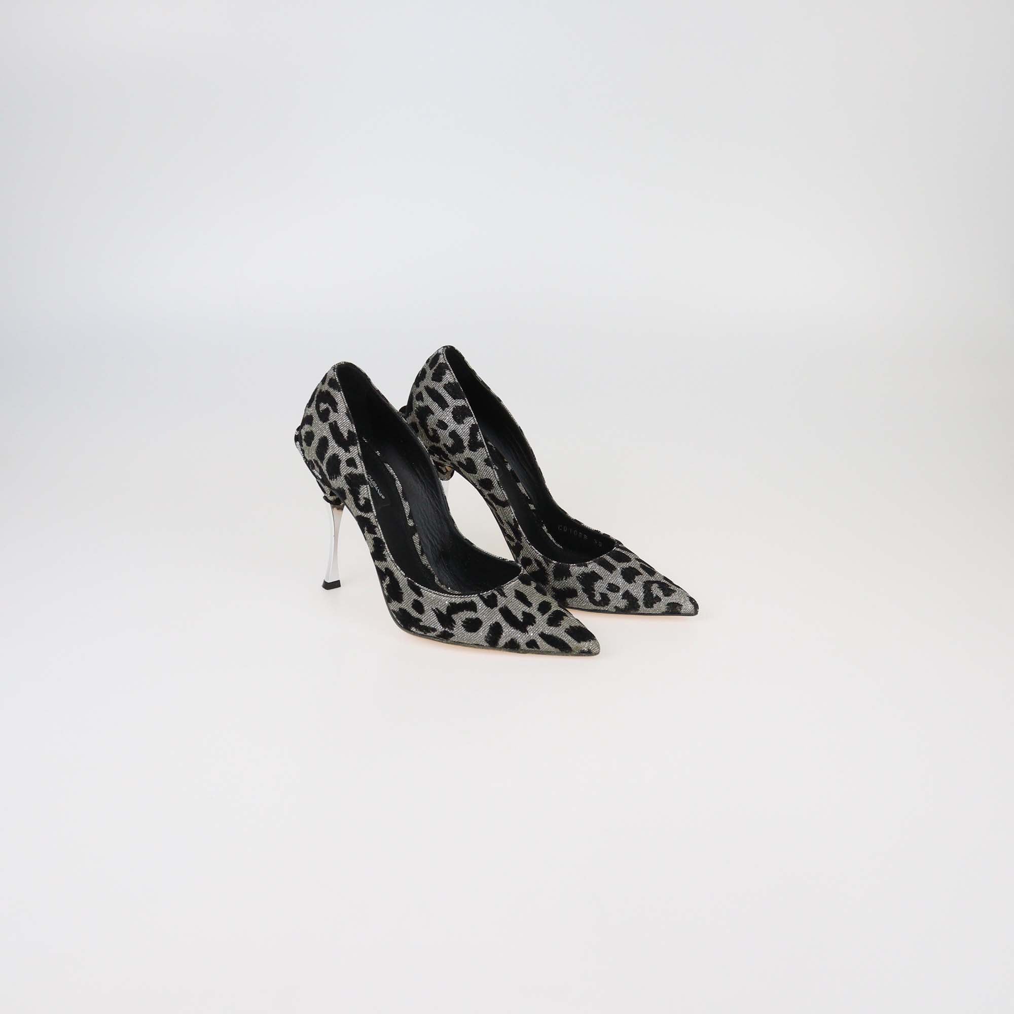 Dolce & Gabbana Silver/Black Leopard Print Lurex and Velvet Pointed Toe Pumps