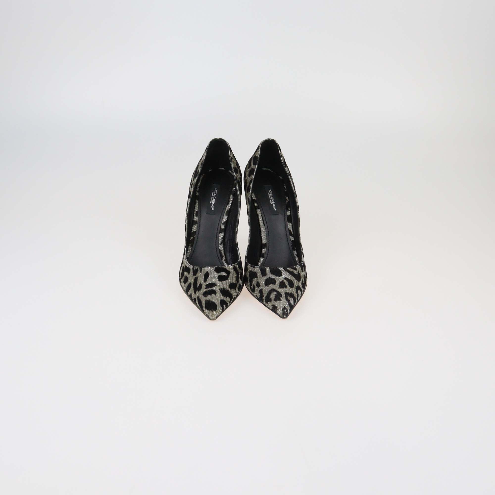 Dolce & Gabbana Silver/Black Leopard Print Lurex and Velvet Pointed Toe Pumps