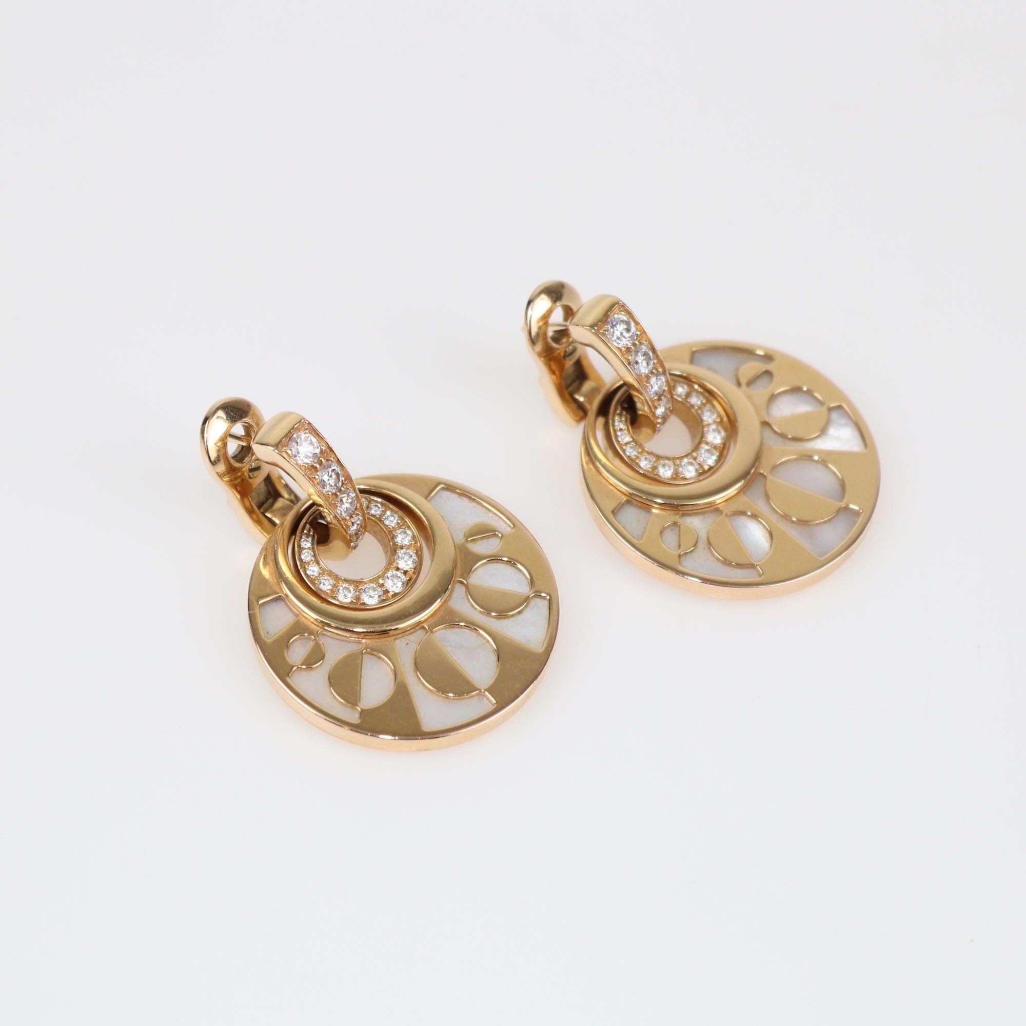 Bvlgari Intarsio Diamond Mother Of Pearl 18K Rose Gold Earrings Womens Bvlgari 