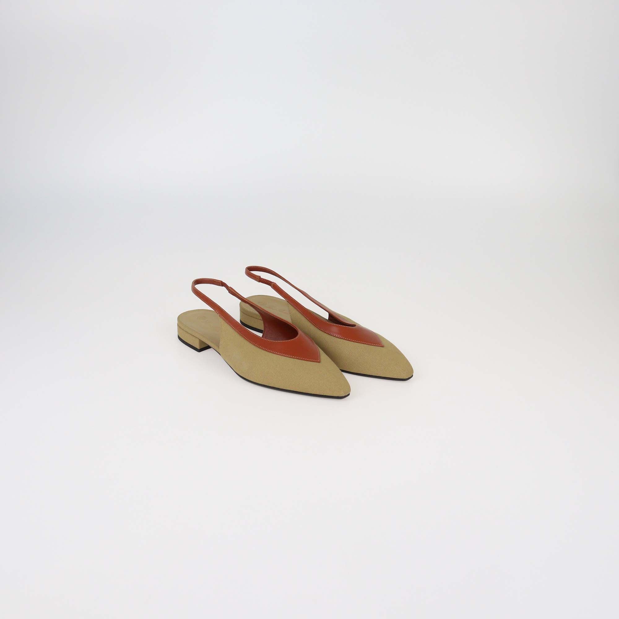 Loro Piana Khaki/Brown Canvas and Leather Rebecca Slingback Pumps
