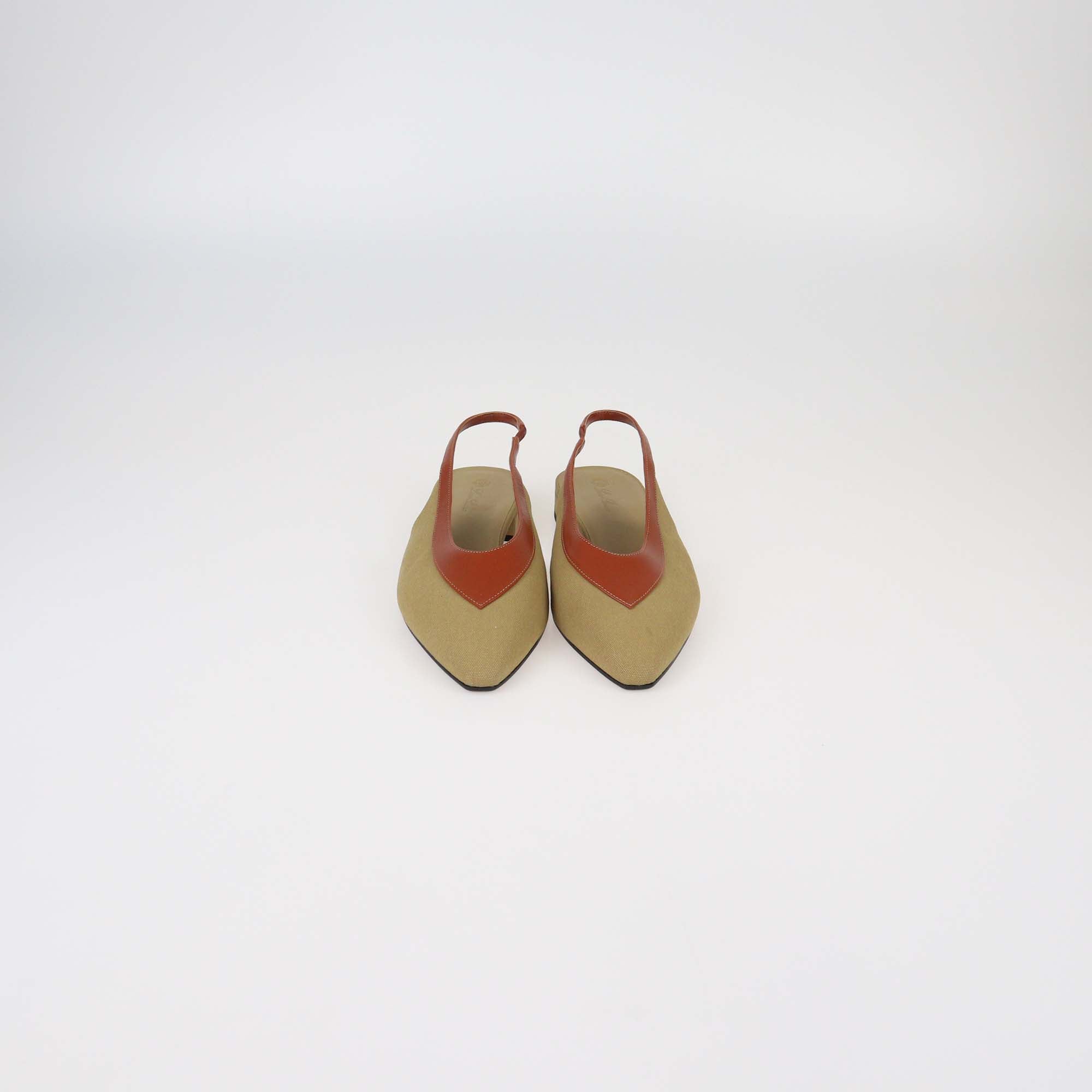 Loro Piana Khaki/Brown Canvas and Leather Rebecca Slingback Pumps