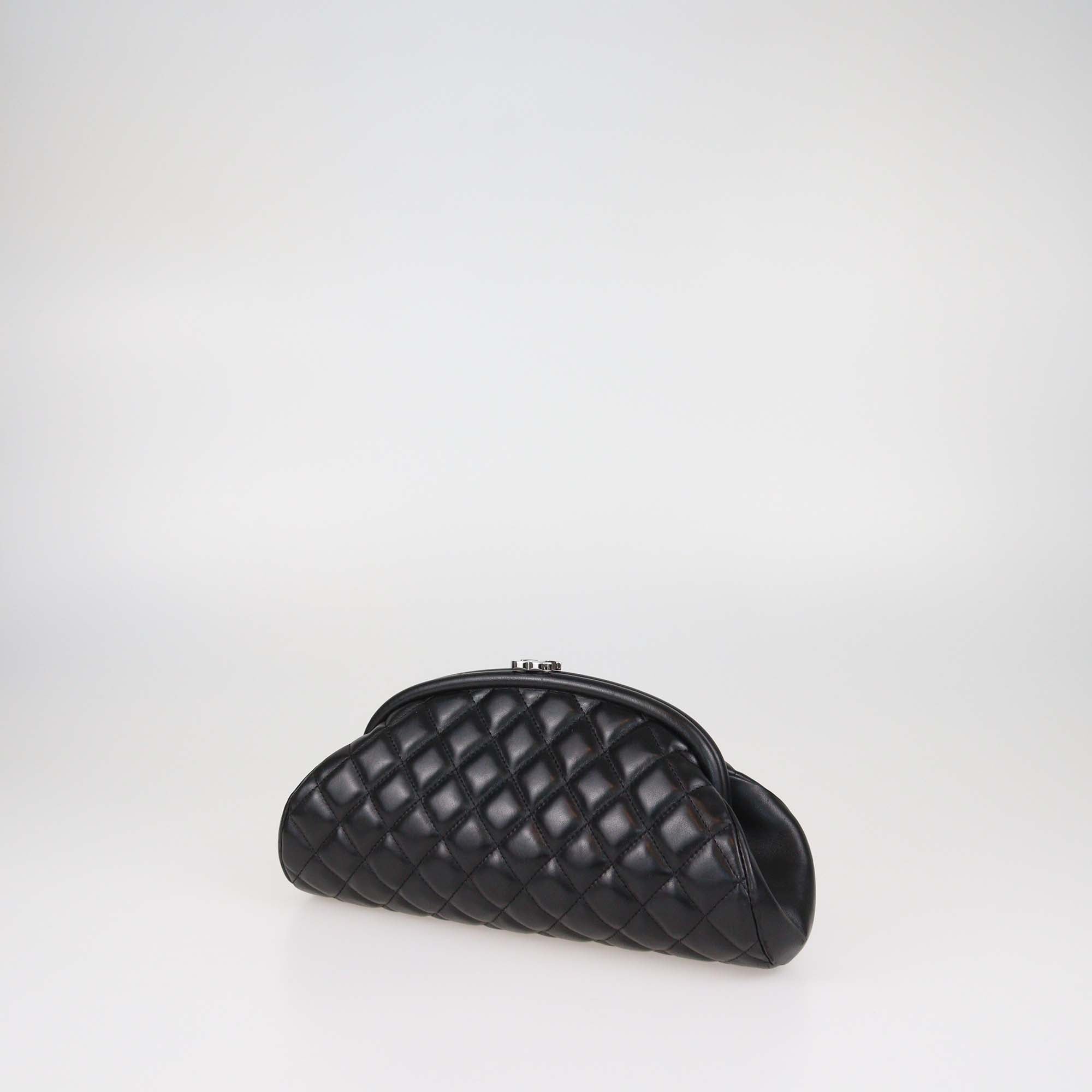 Chanel Black Leather Quilted Vintage Timeless Kisslock Clutch