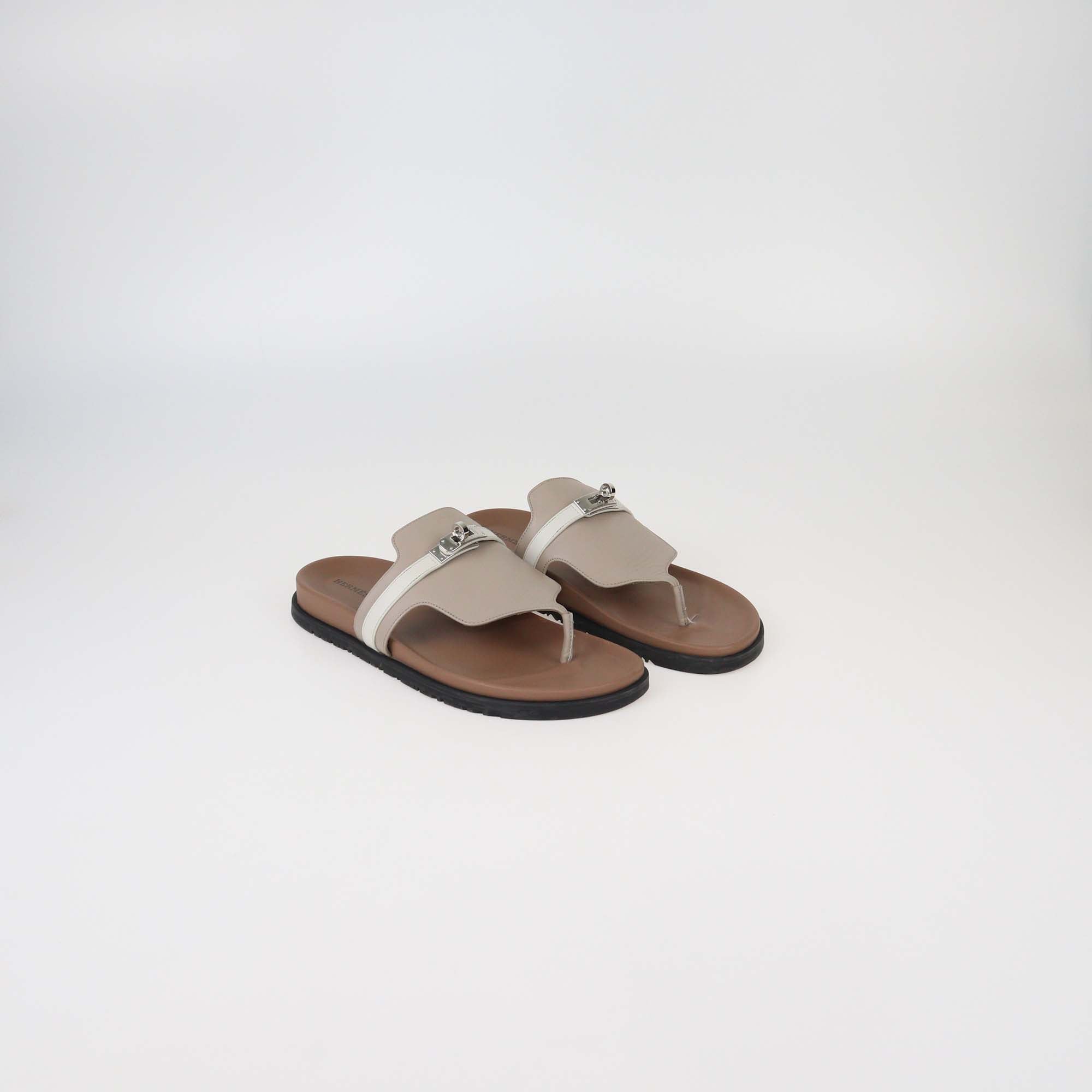 Hermes Grey/White Leather Empire Flat Sandals