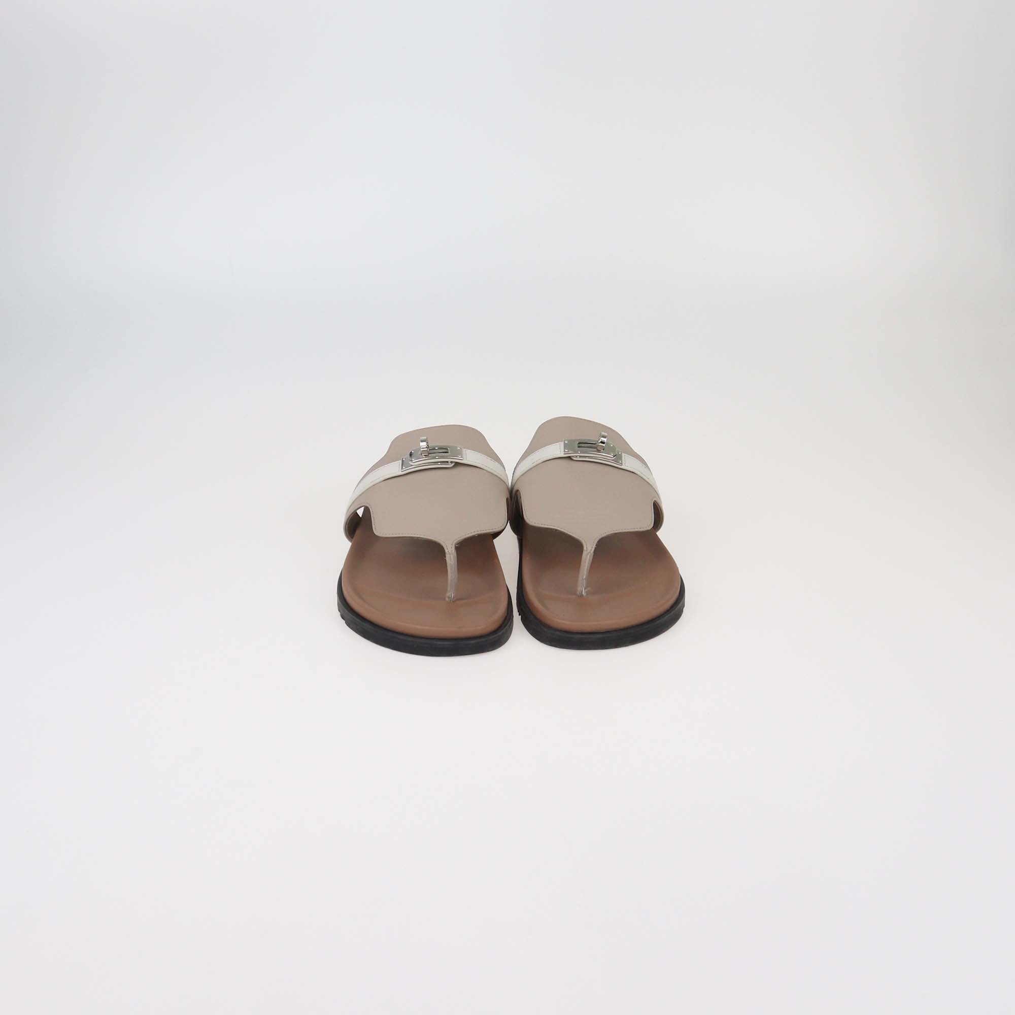 Hermes Grey/White Leather Empire Flat Sandals