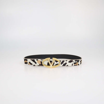 Valentino White,Brown Animal Print Calf Hair VLogo Belt