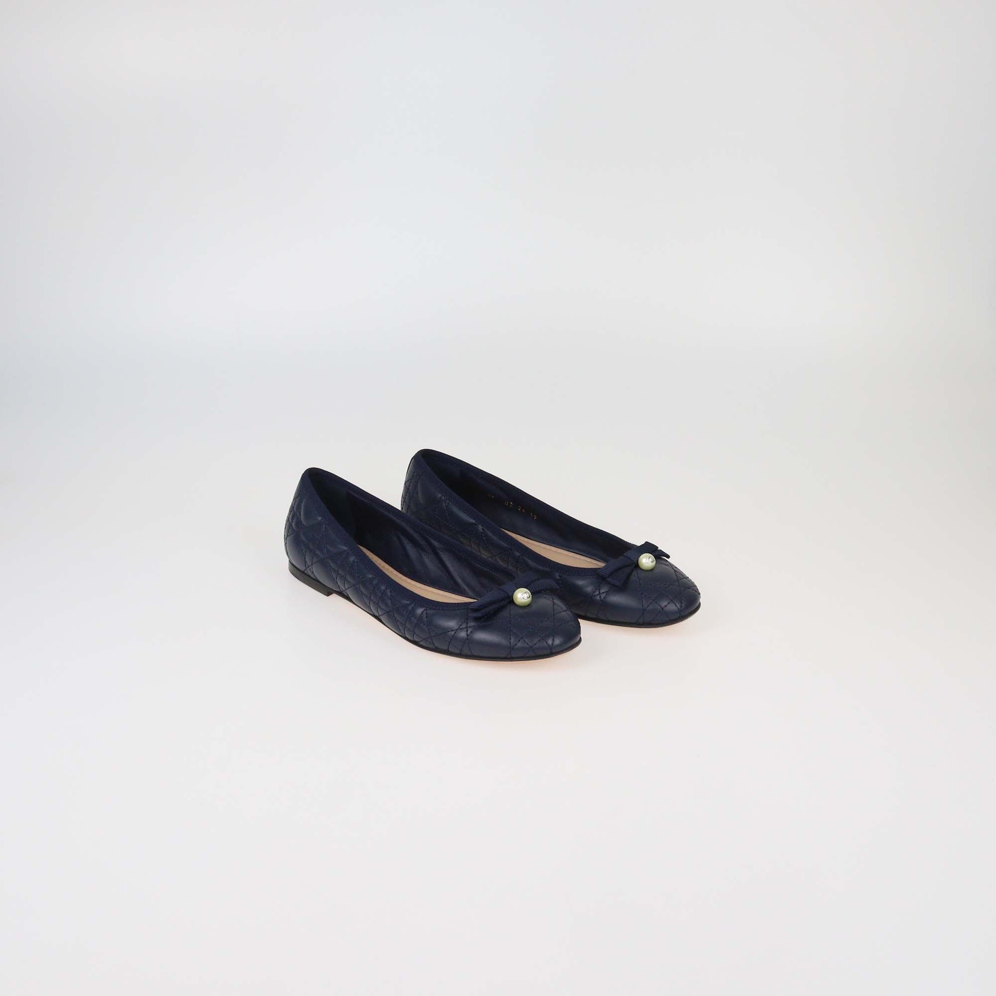 Christian Dior Navy Blue Calfskin Leather Cannage CD Pearl Bow Ballet Flats