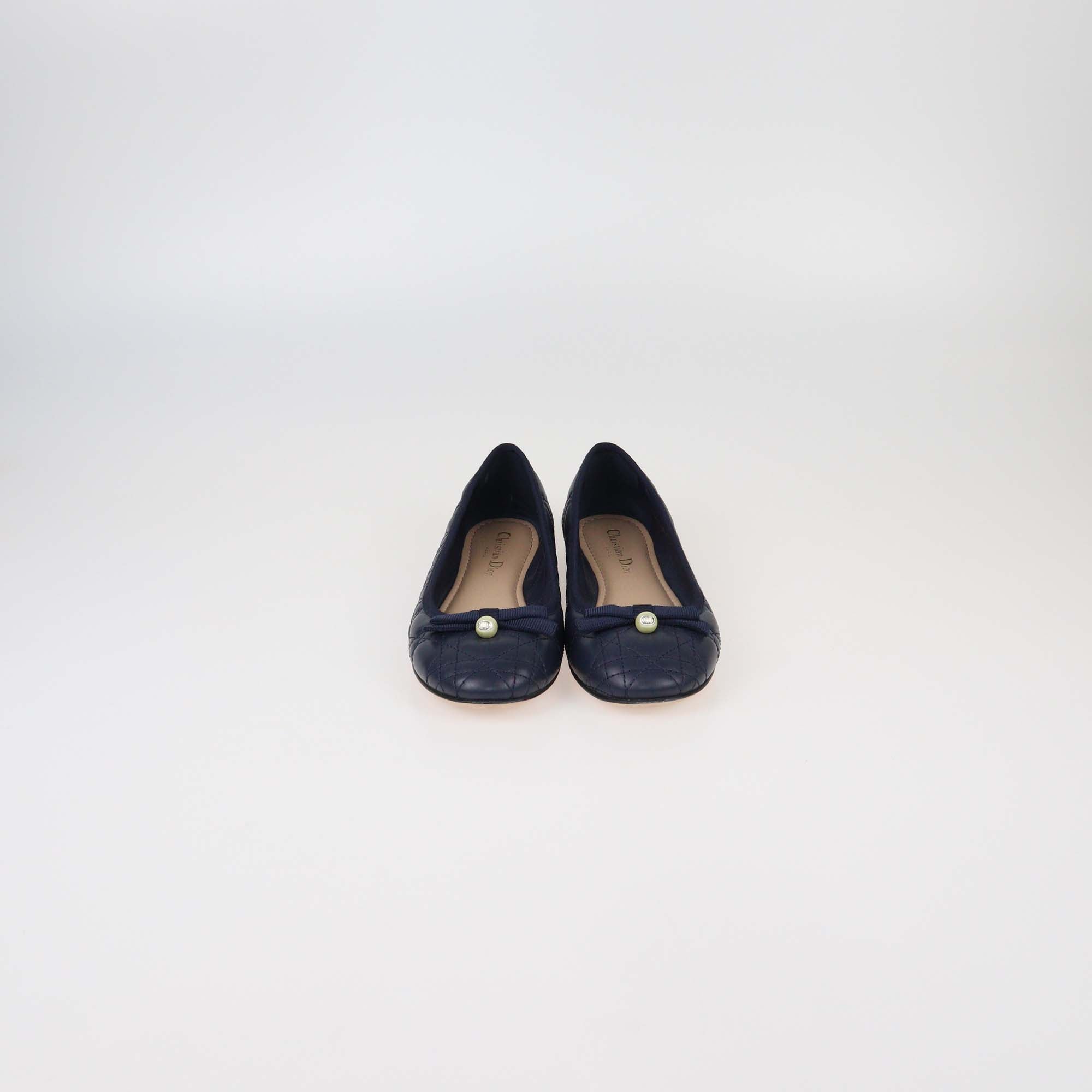 Christian Dior Navy Blue Calfskin Leather Cannage CD Pearl Bow Ballet Flats