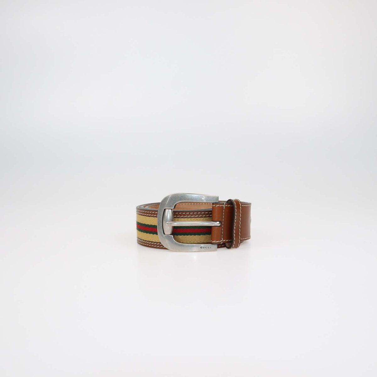 Gucci Brown Leather and Web Fabric Buckle Belt