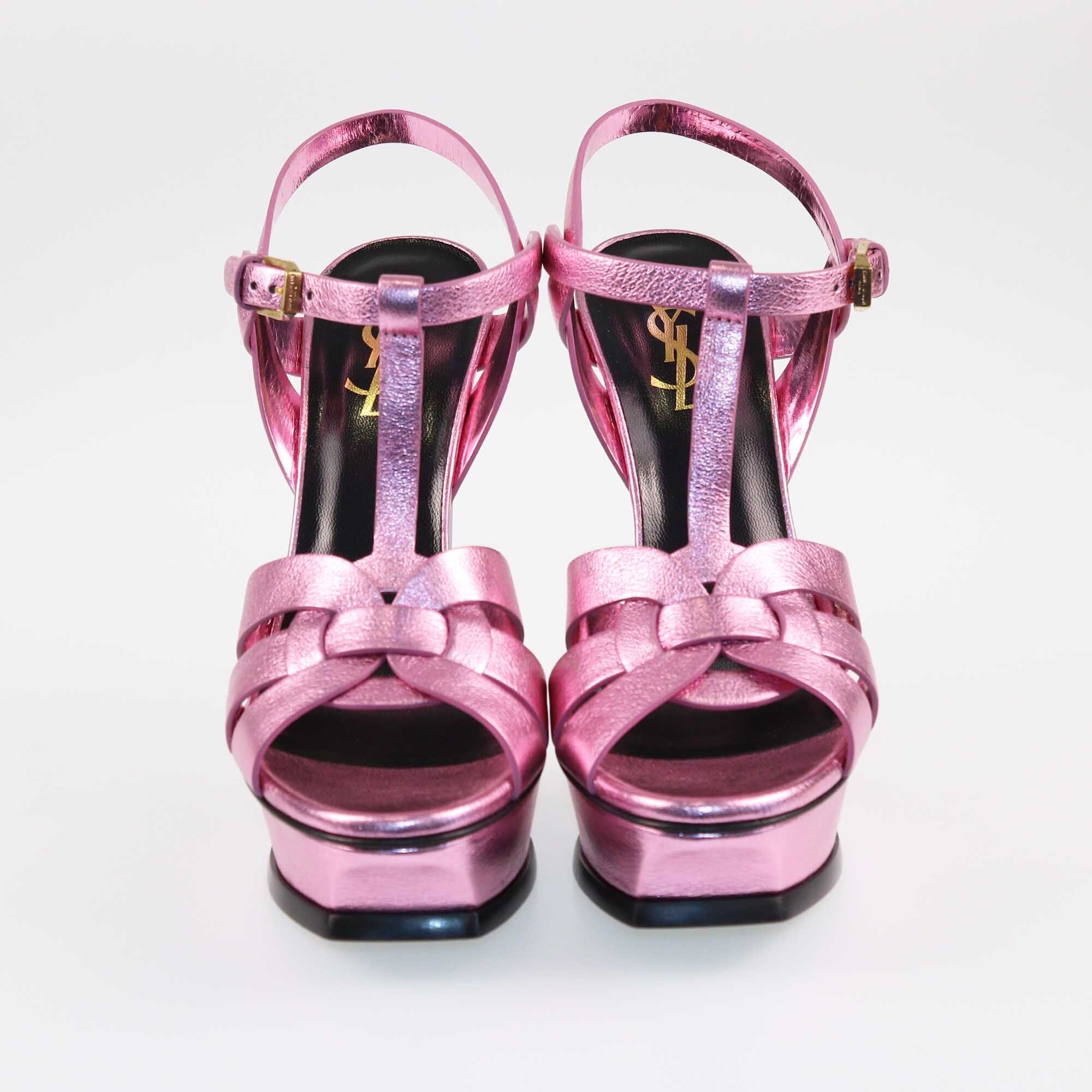 Saint Laurent Metallic Purple Foil Tribute Platform Ankle Strap Sandals Shoes Saint Laurent 