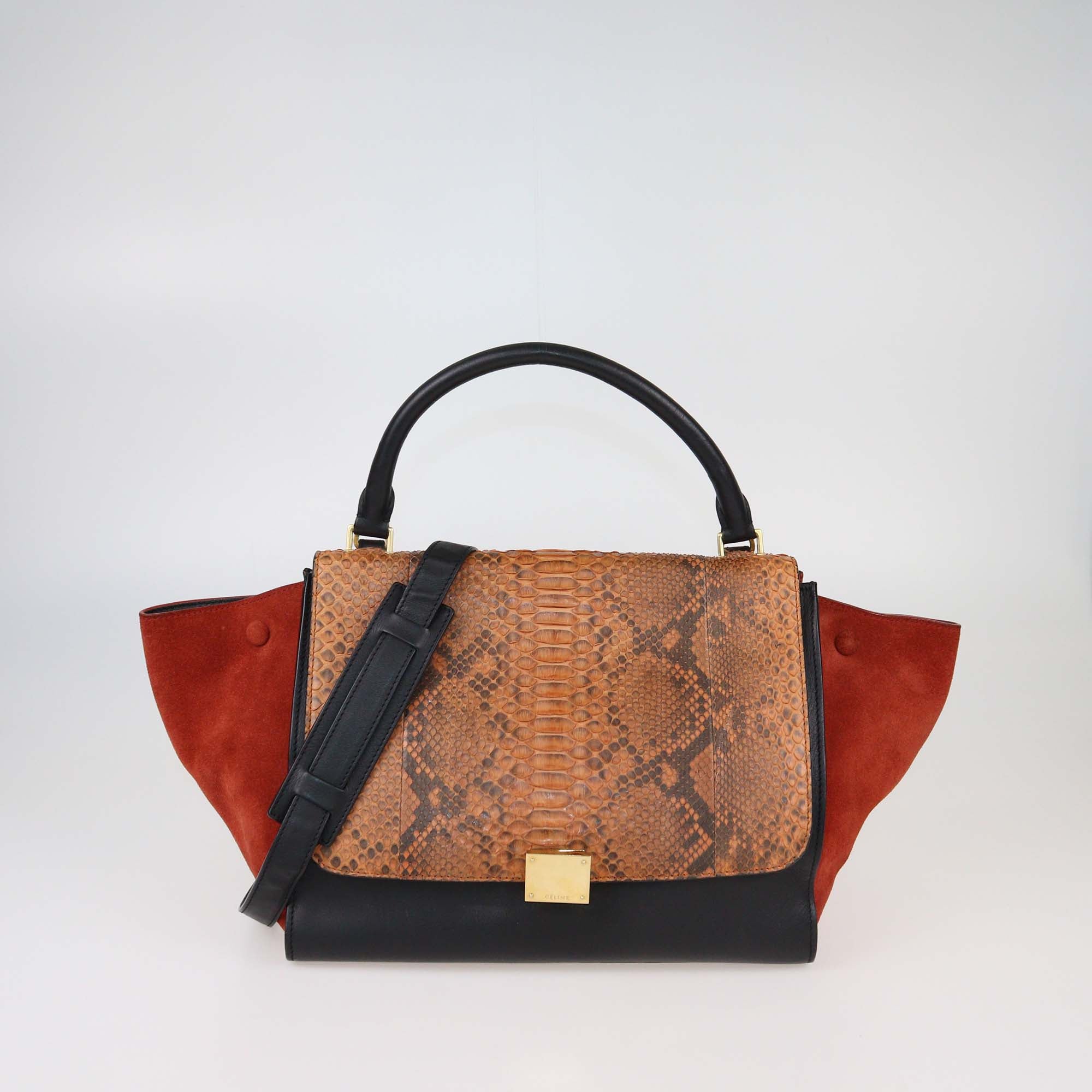 Celine Orange/Black Python,Leather and Suede Medium Trapeze Tote