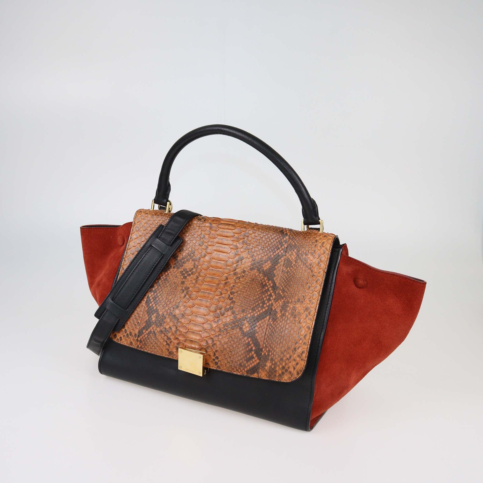 Celine Orange/Black Python,Leather and Suede Medium Trapeze Tote