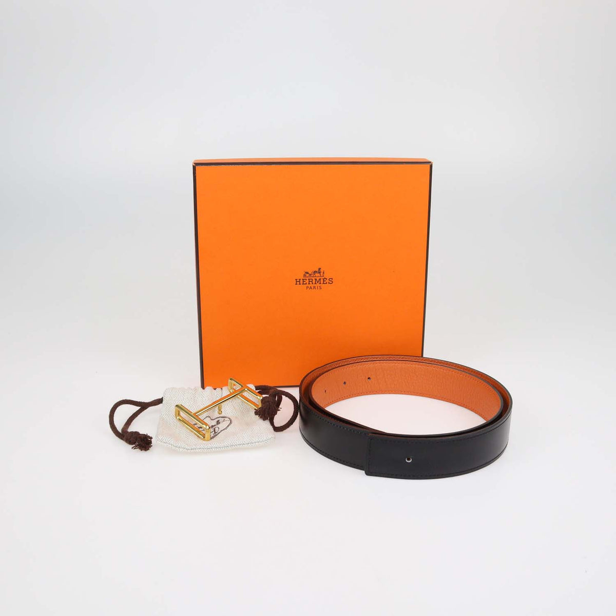 Hermes Black,Orange Box Calf and Clemence Leather Reversible Idem Belt