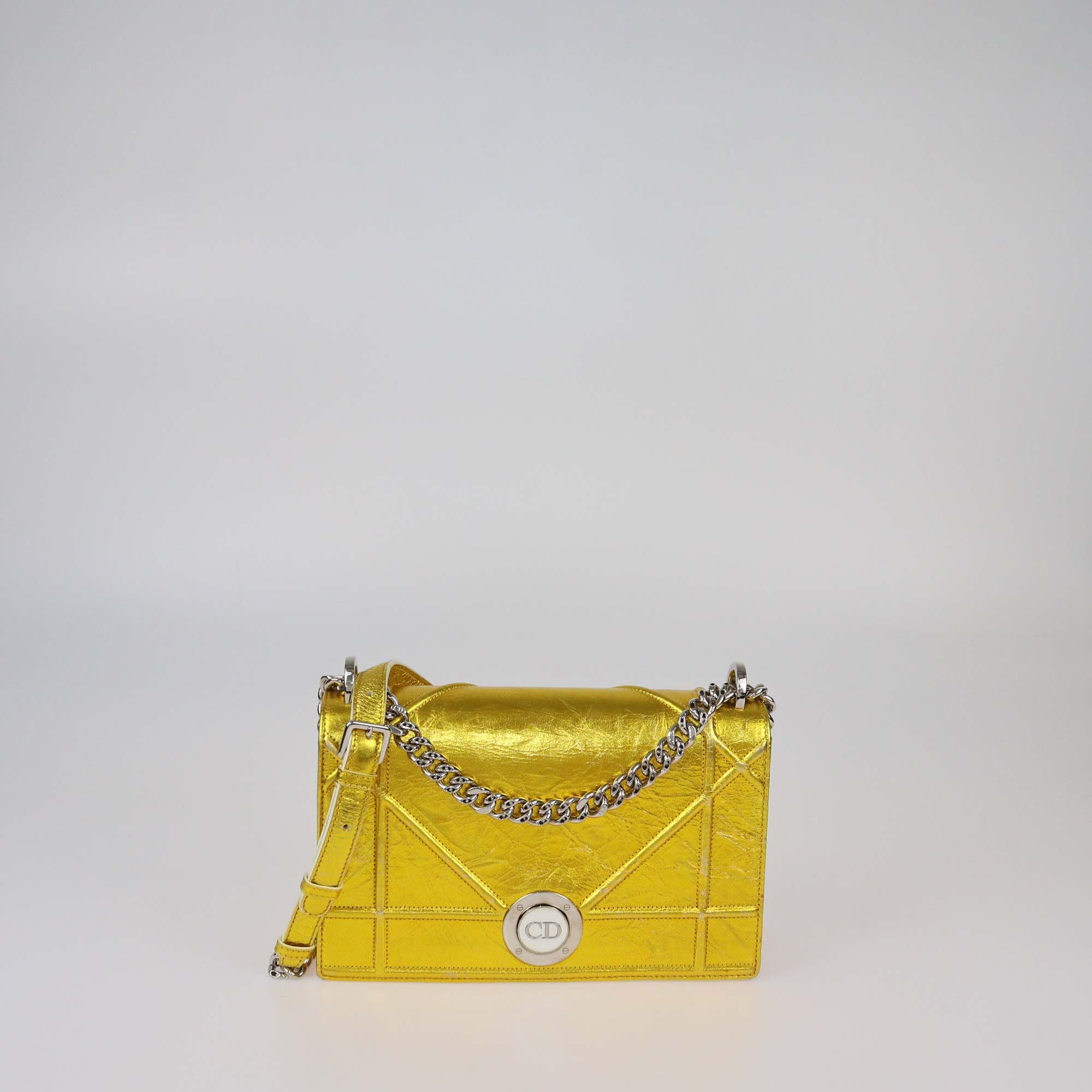 Christian Dior Metallic Gold Leather Medium Diorama Clasp Flap Bag