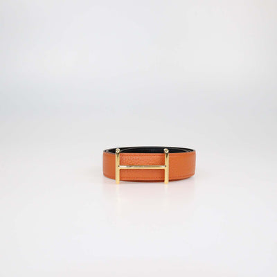 Hermes Black,Orange Box Calf and Clemence Leather Reversible Idem Belt