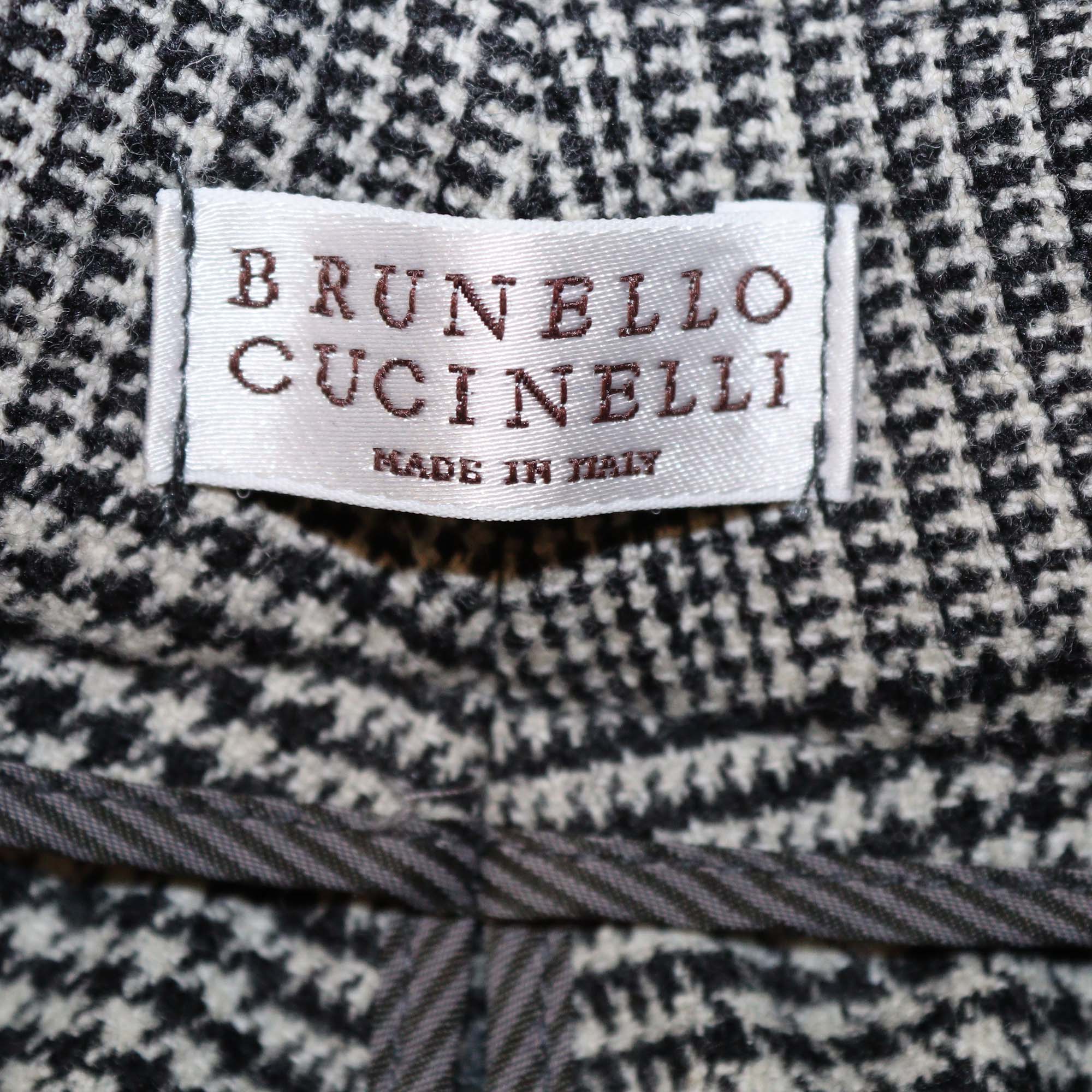 Brunello Cucinelli Grey Wool Checkered Beaded Waist Skinny Leg Pants