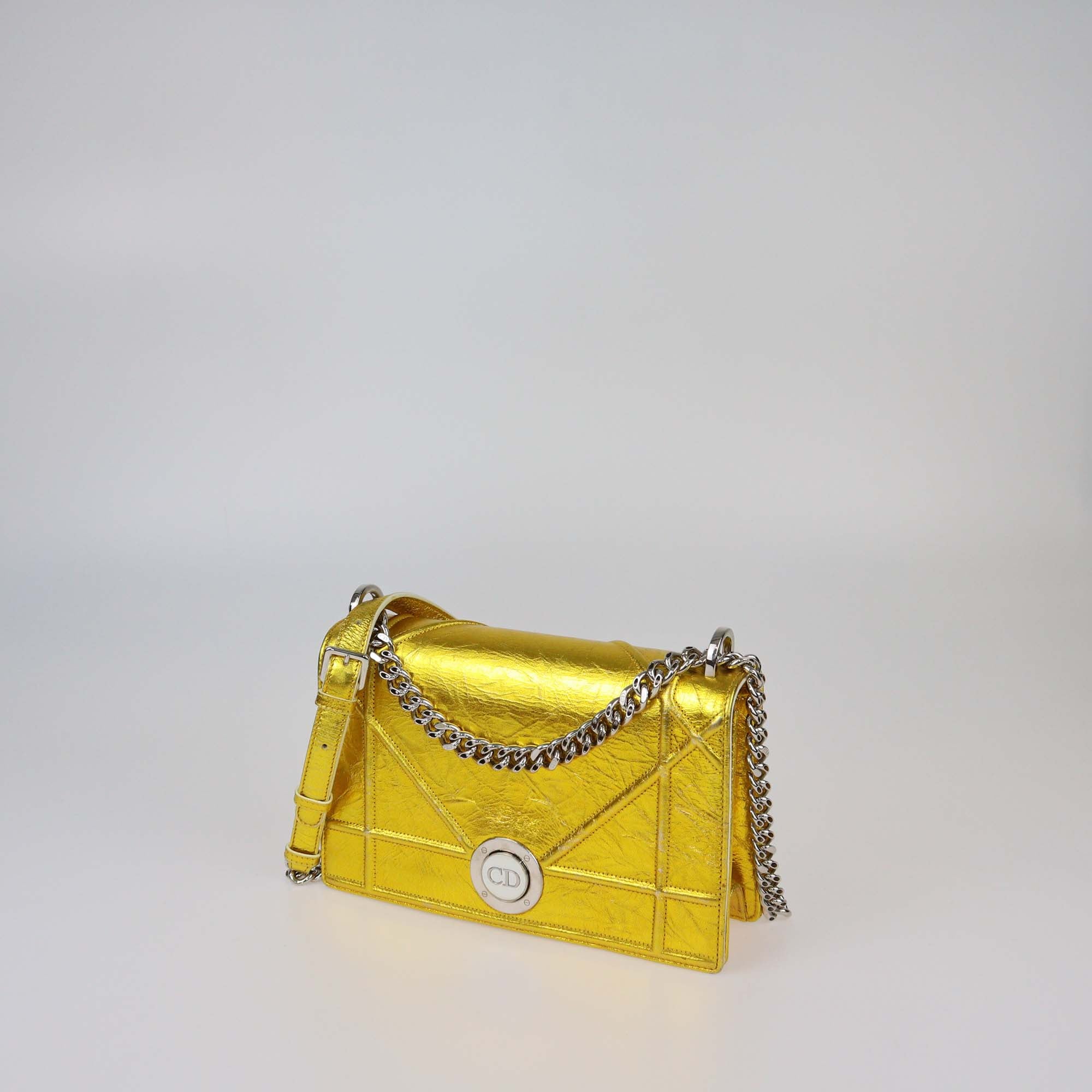Christian Dior Metallic Gold Leather Medium Diorama Clasp Flap Bag